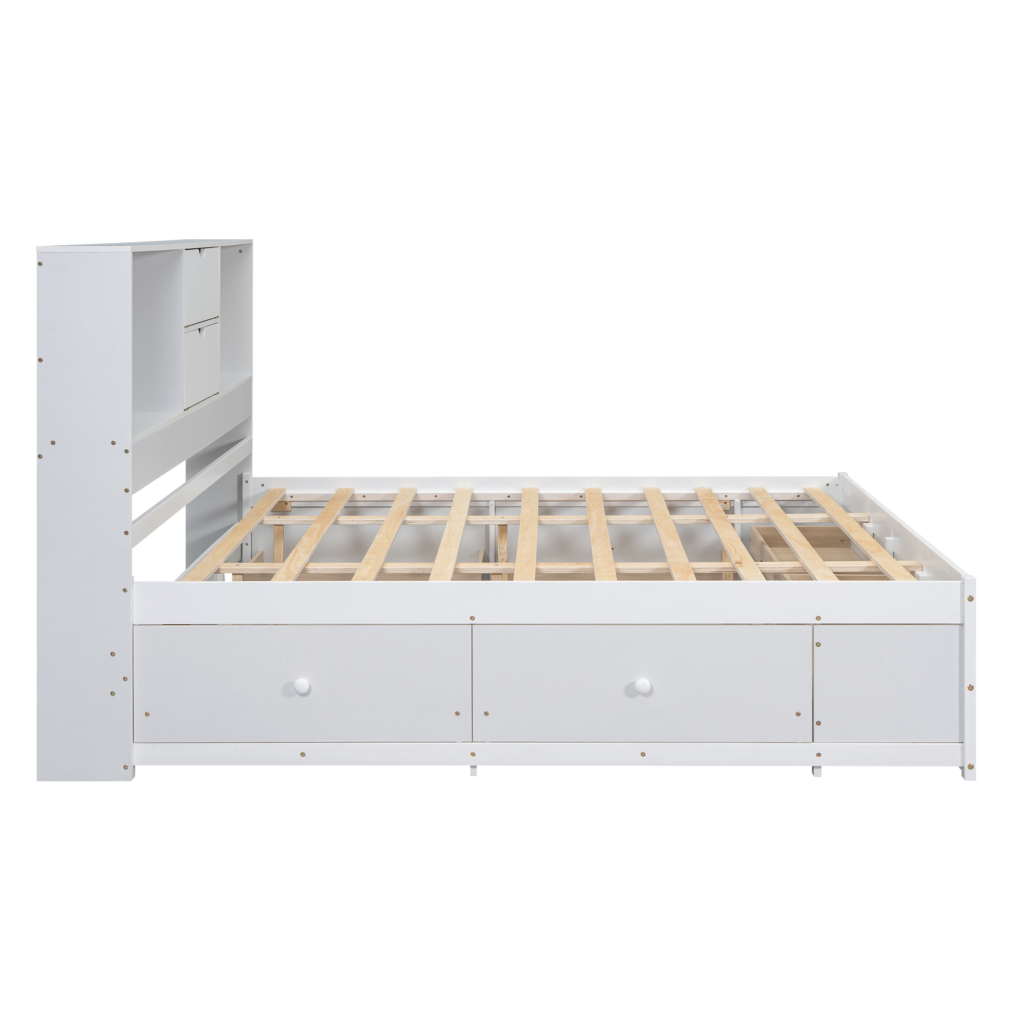 Queen/King Size Platform Bed with Storage Headboard and 8 Drawers, White/Gray