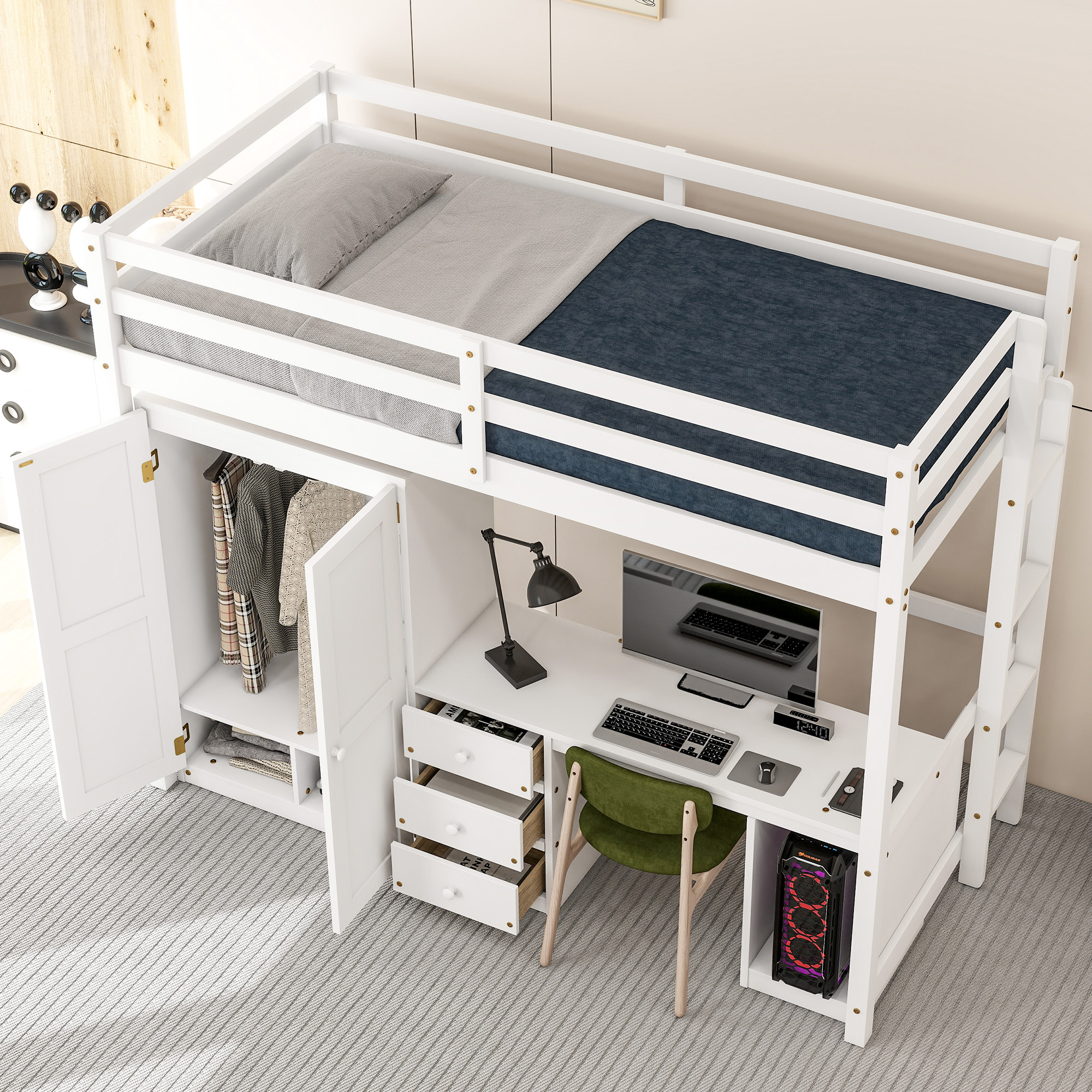 Full/Twin Size Loft Bed with Wardrobe, Desk and Storage Drawers, Gray/White