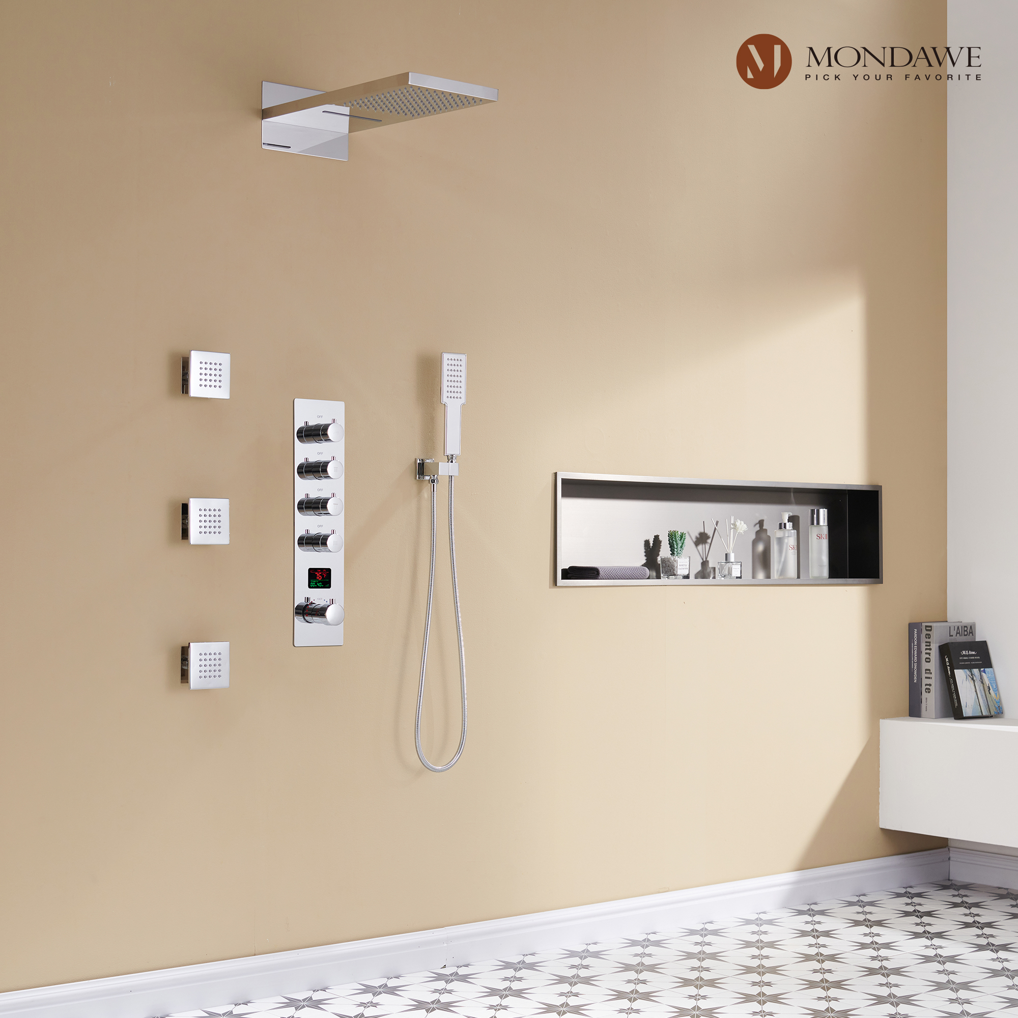 Mondawe Luxury Rain Dual Shower Heads Wall Mounted 22 in. with Digital Temperature Display 4 Spray Patterns Thermostatic and 3 Body Jets-Mondawe