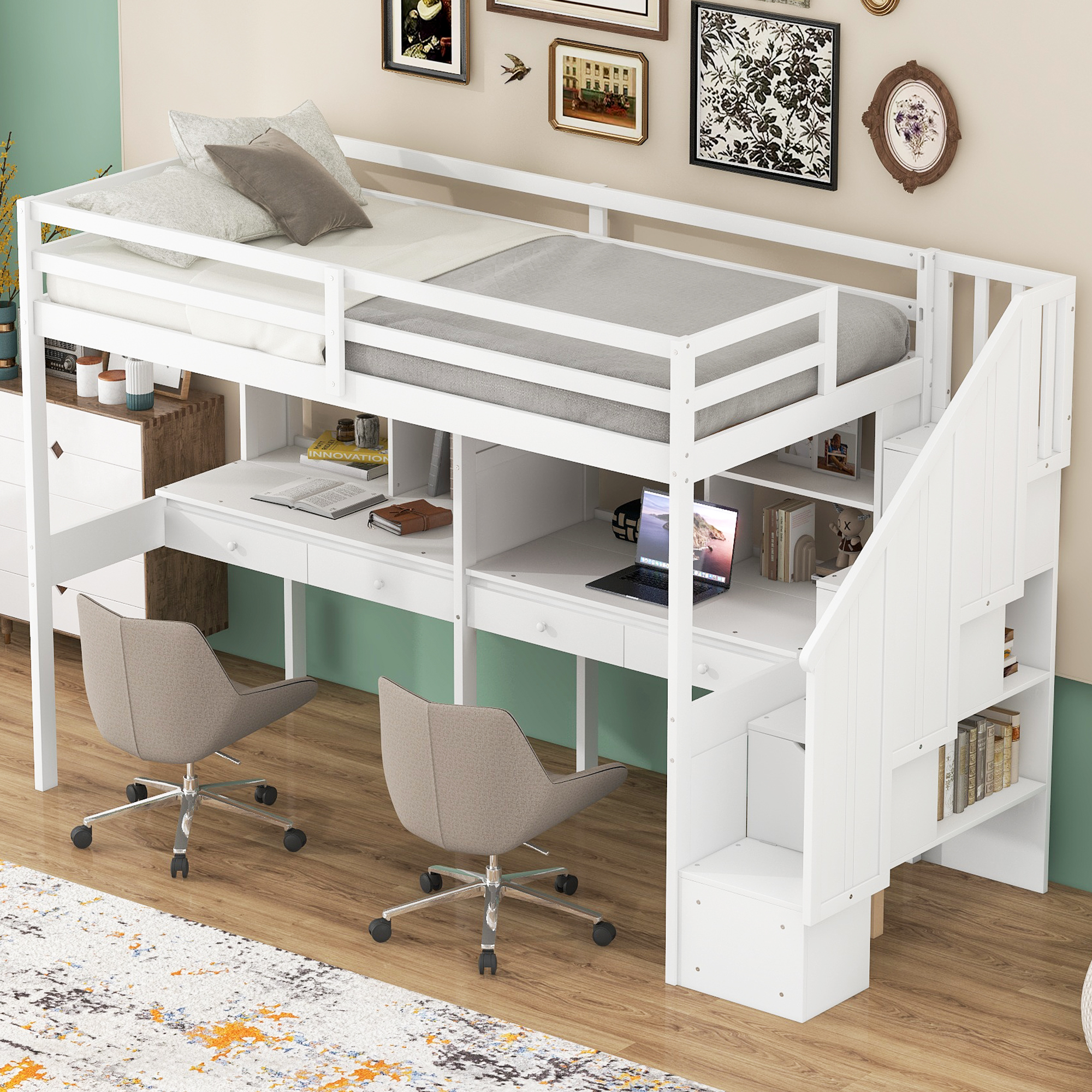 Twin Size Loft Bed Frame with Storage Staircase and Double Desks and Shelves,Gray/White