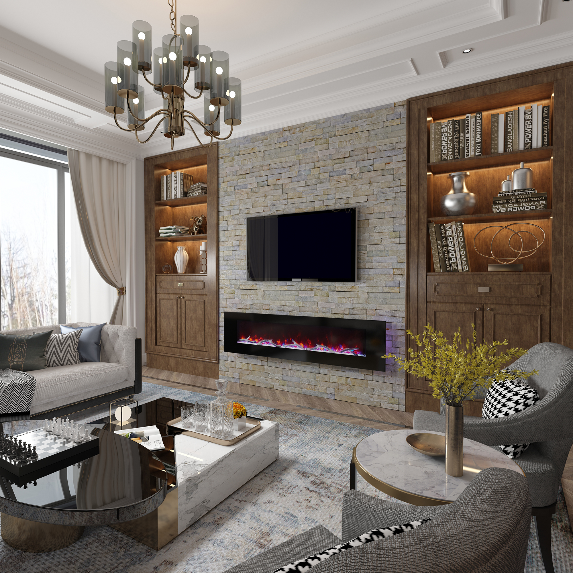 5120 BTU 42/50/60/72 in. Wall-Mounted Black Electric Fireplace Insert with 2-Speaker Stereo Sound