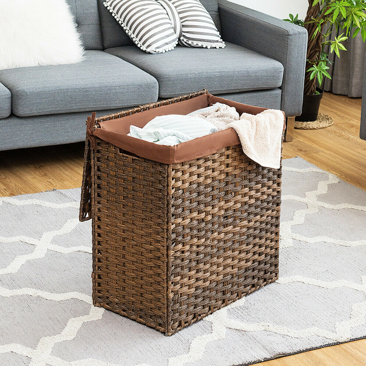 Mondawe Hand-woven Foldable Rattan Laundry Basket-Brown-Mondawe