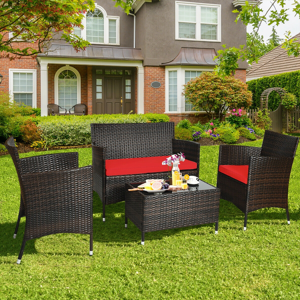 Mondawe 4 Pieces Rattan Outdoor Patio Conversation Furniture Set with Glass Table and Comfortable Wicker Sectional Sofa-Mondawe