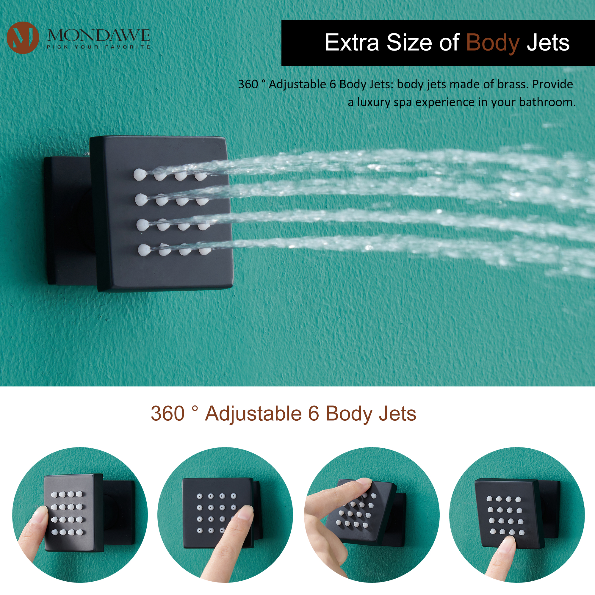 Mondawe Luxury Wall Mount Rain Shower Head with 6 Shower Jet and LED 3-Spray Patterns Thermostatic 12 in. -Mondawe