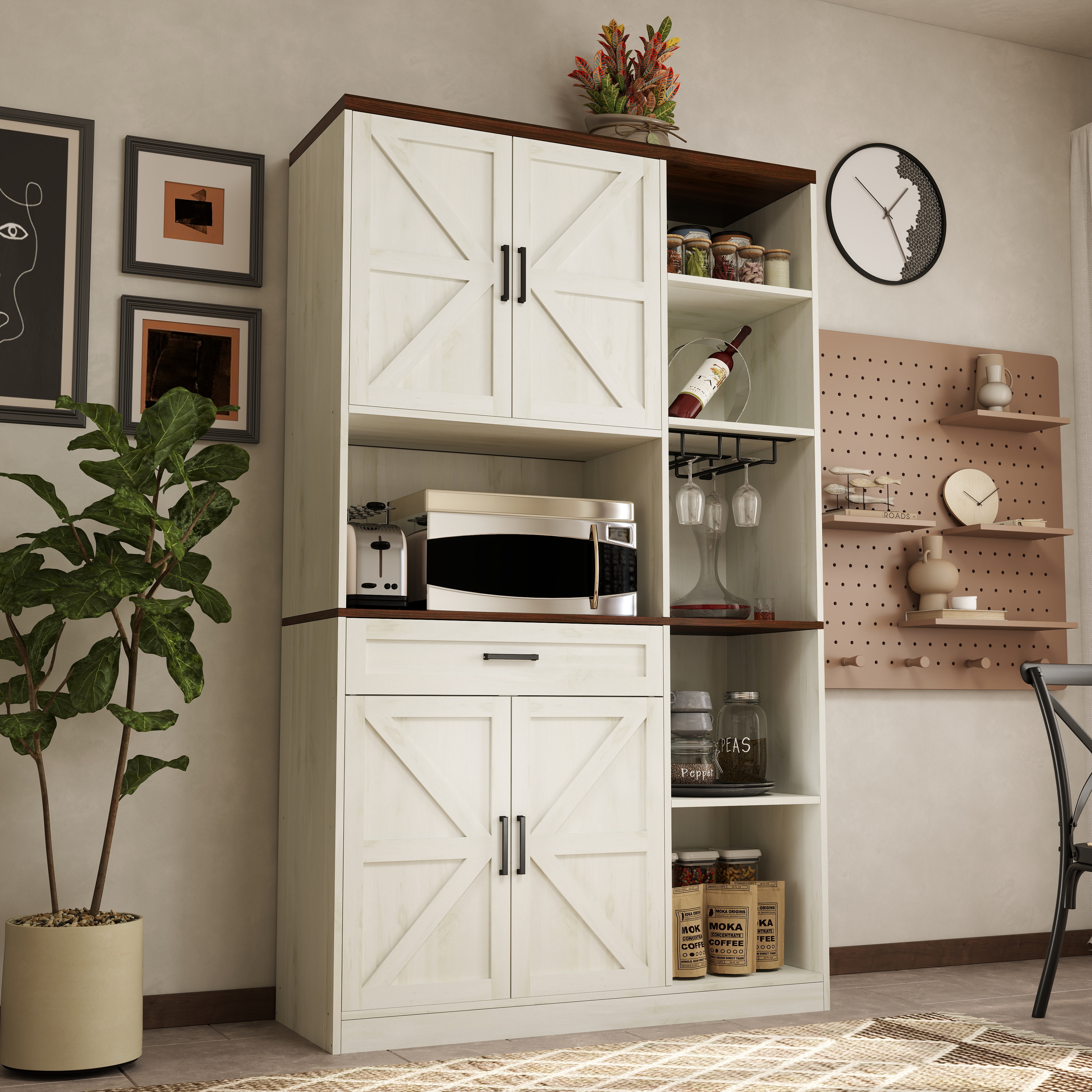 70.87'' Multifunctional Farmhouse Kitchen Pantry Sideboard with Cabinet and Drawer, Kitchen Buffet with Hutch and Glass Holder, Microwave Stand with Charging Station for Kitchen and Dining Room 