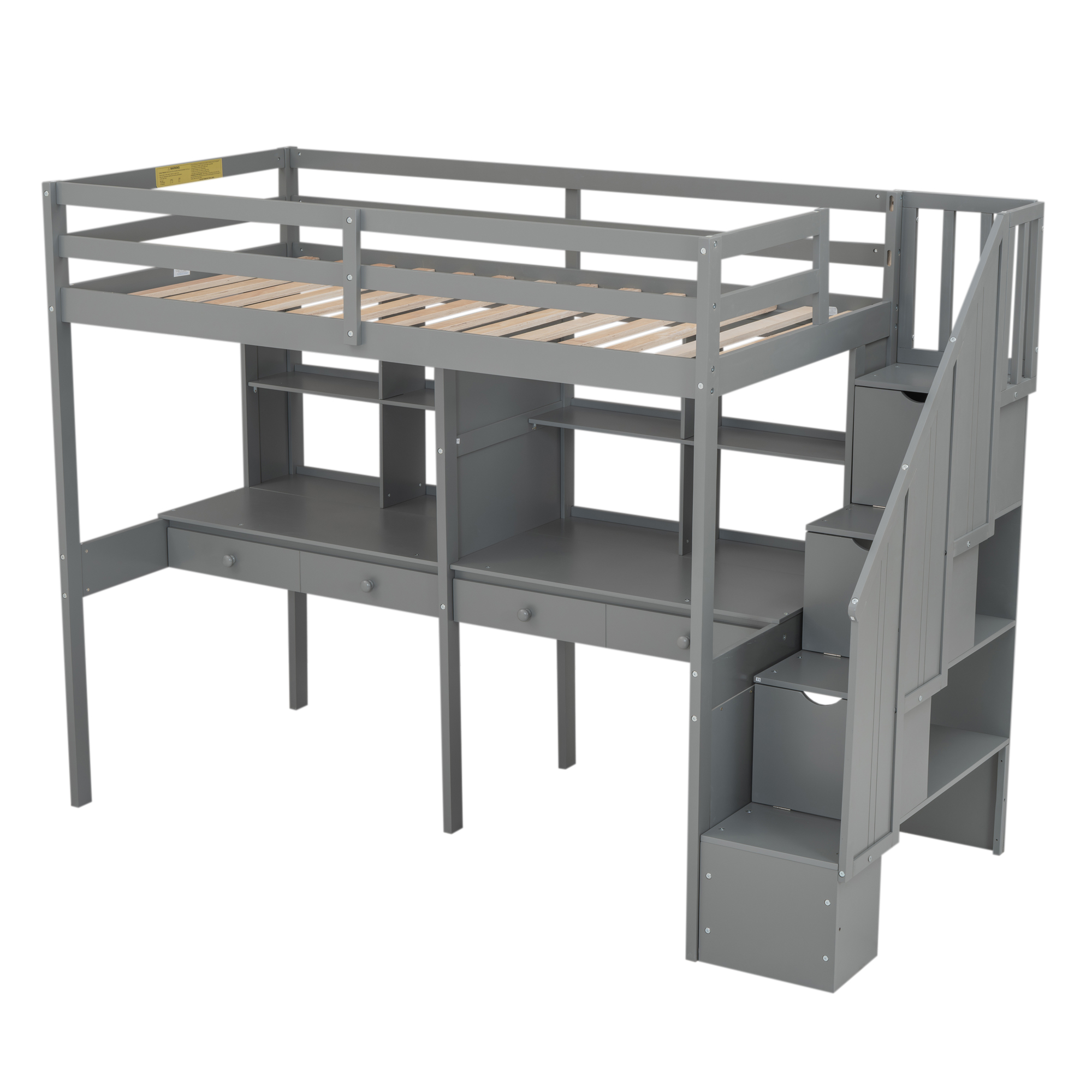 Twin Size Loft Bed Frame with Storage Staircase and Double Desks and Shelves,Gray/White
