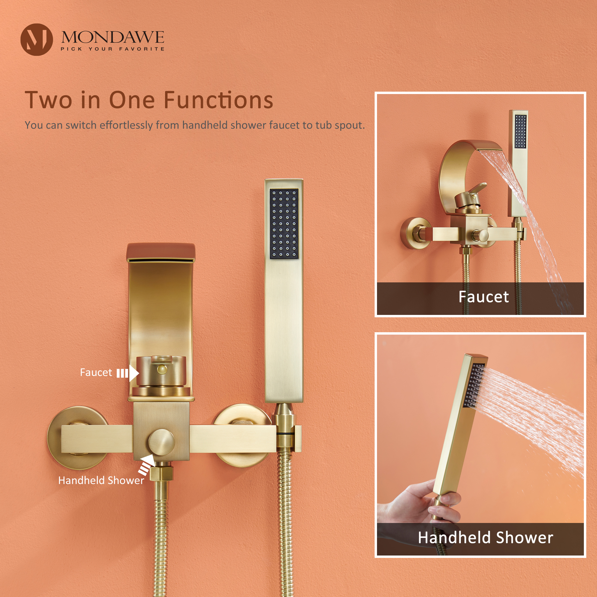 Mondawe Single Handle Shower Tub Kit with Waterfall Tub Spout and Handheld Shower Faucet, Wall Mounted-Mondawe