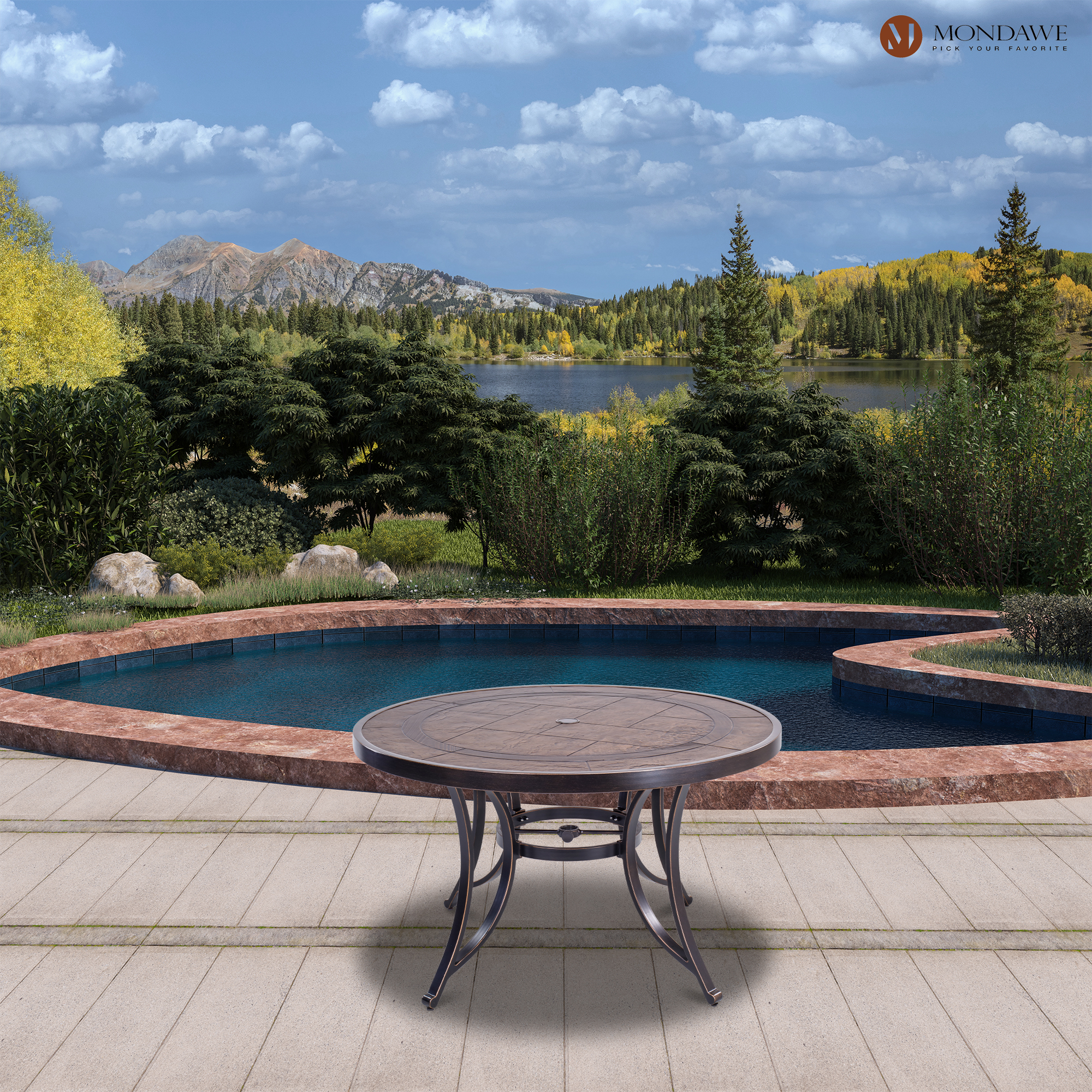 Dark Gold Round Aluminum 28 in. H Faux Wood Top Outdoor Patio Dining Table with Umbrella Hole-Boyelliving