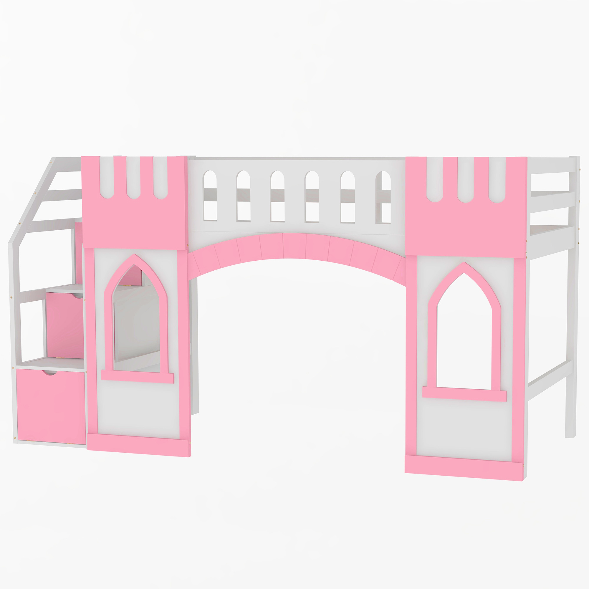 Twin Size Loft Bed with Storage Staircase and Window, White/Pink