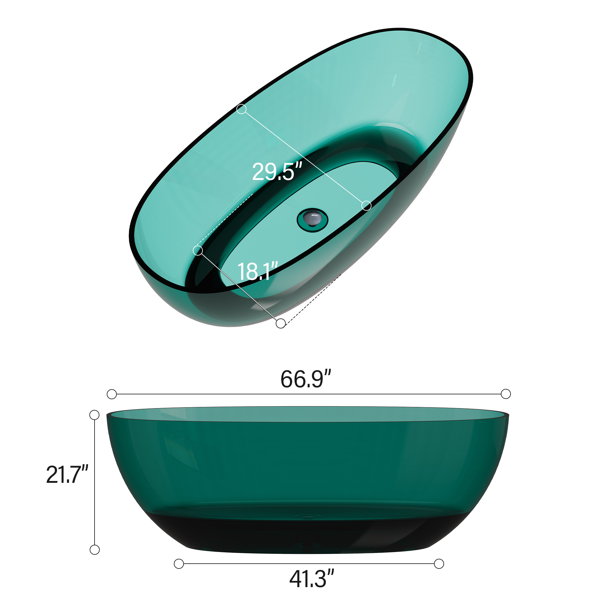 67" Soaking Tub Transparent Resin Freestanding Bathtub Modern Oval Design Stand Alone Tub with Overflow and Pop-up Drain ,Black & Grey/Coffee/Red/Blue