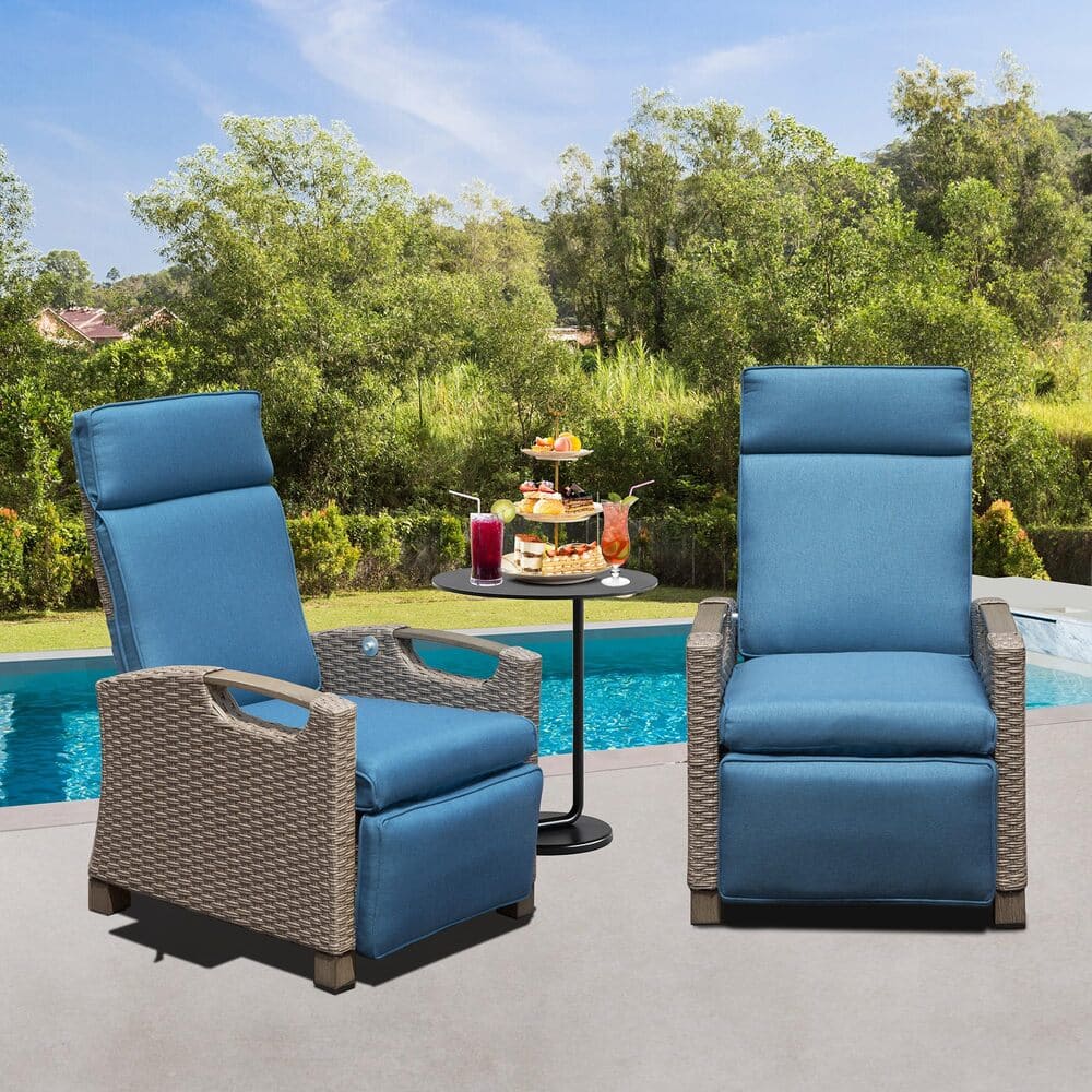 Outdoor Recliner Chair, Patio Recliner with Hand-Woven Wicker, Flip Table Push Back, Adjustable Angle, Thickness Cushions