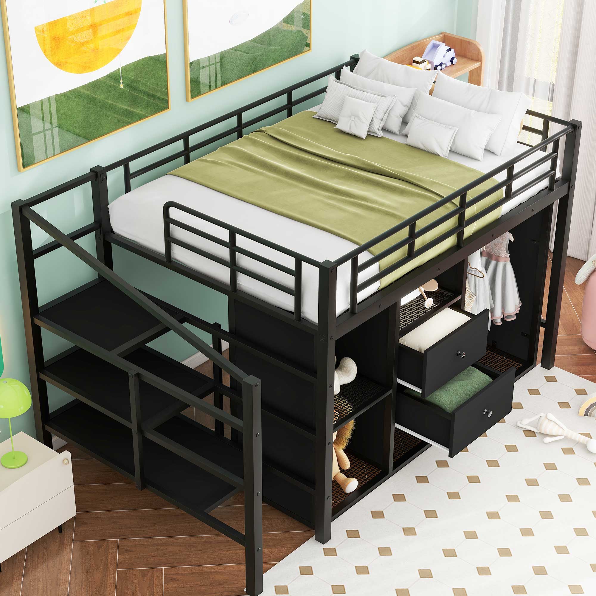 Full/Twin Size Metal Loft Bed with Drawers, Storage Staircase and Small Wardrobe