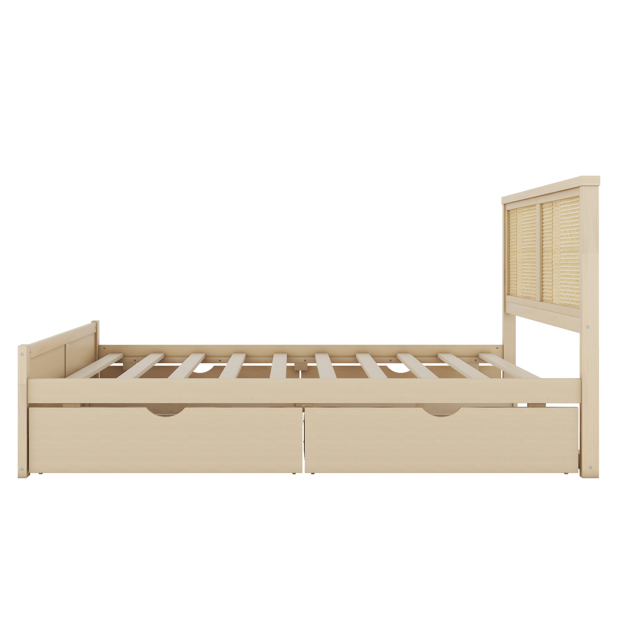 Queen/Full Size Wood Storage Platform Bed with 4 Drawers, Rattan Headboard, Espresso/Nature 