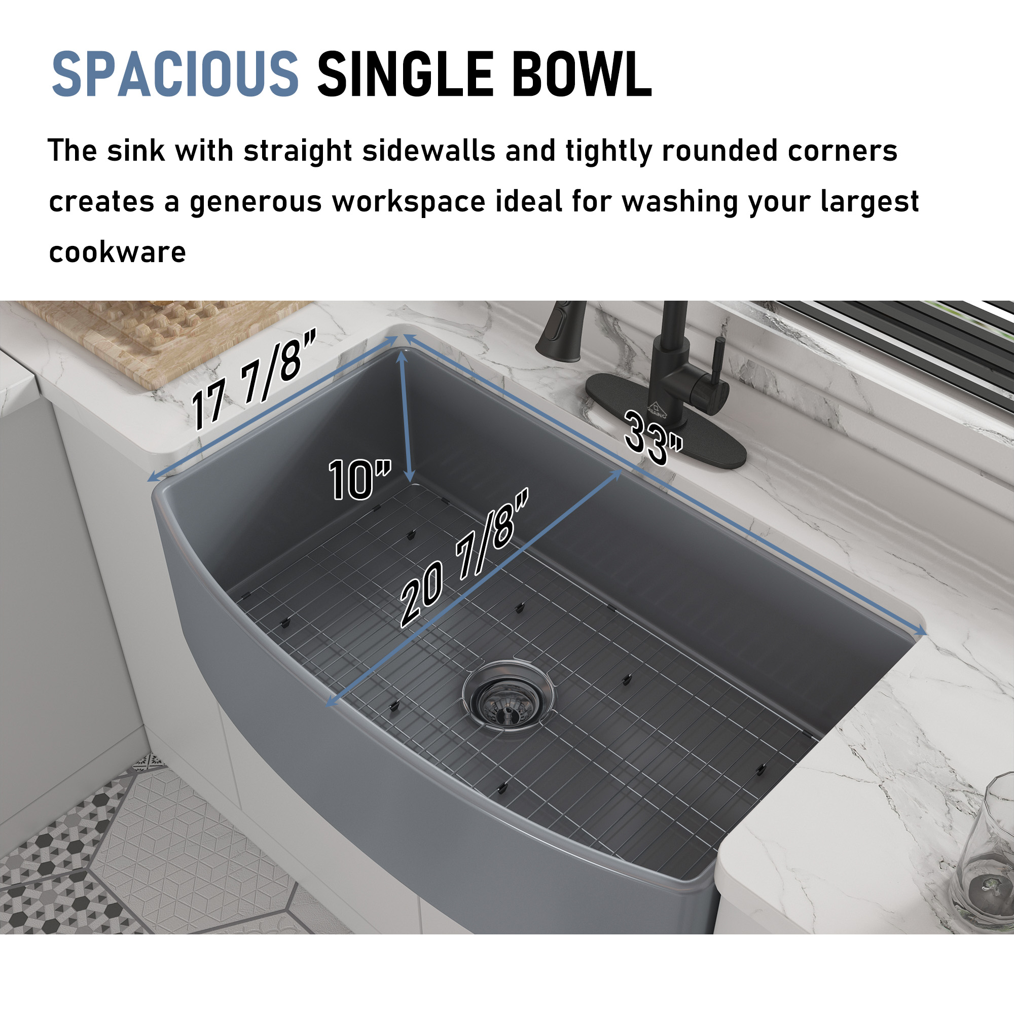 Boyel Living 33 in. Farmhouse/Apron-Front Single Bowl Matte Gray S3 Fine Fireclay Kitchen Sink with Bottom Grid and Strainer Basket