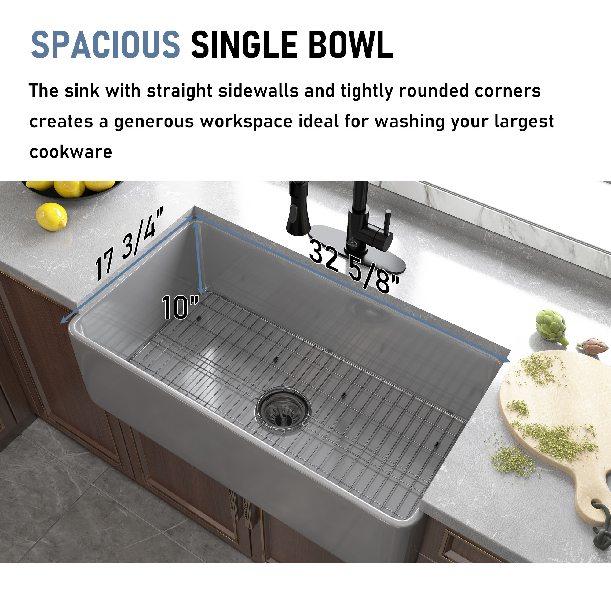 Matte Grey Farmhouse Apron Front Fireclay Single Sink with Grid and Drainer 