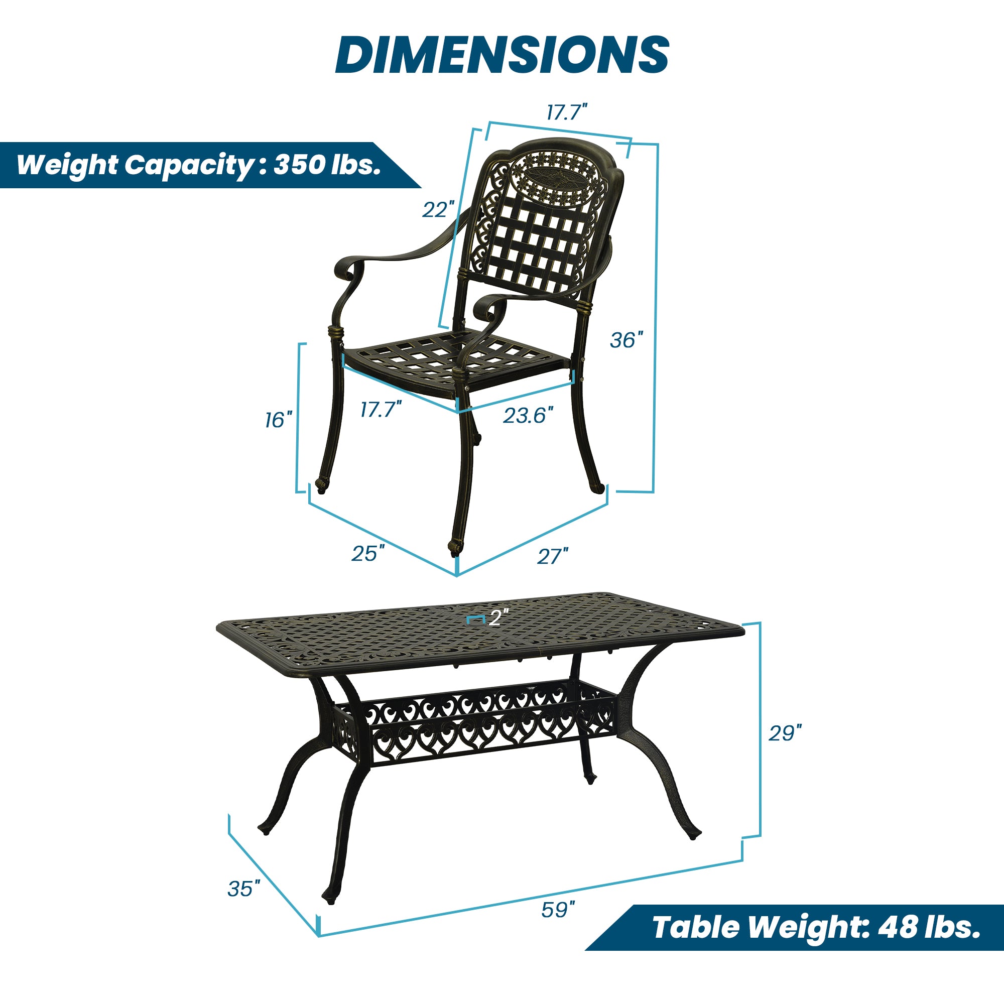 Mondawe Cast Aluminium Patio-Set 7-Piece Bronze Patio Dining Set Aluminum Rectangle Table with 6 Stationary Chairs