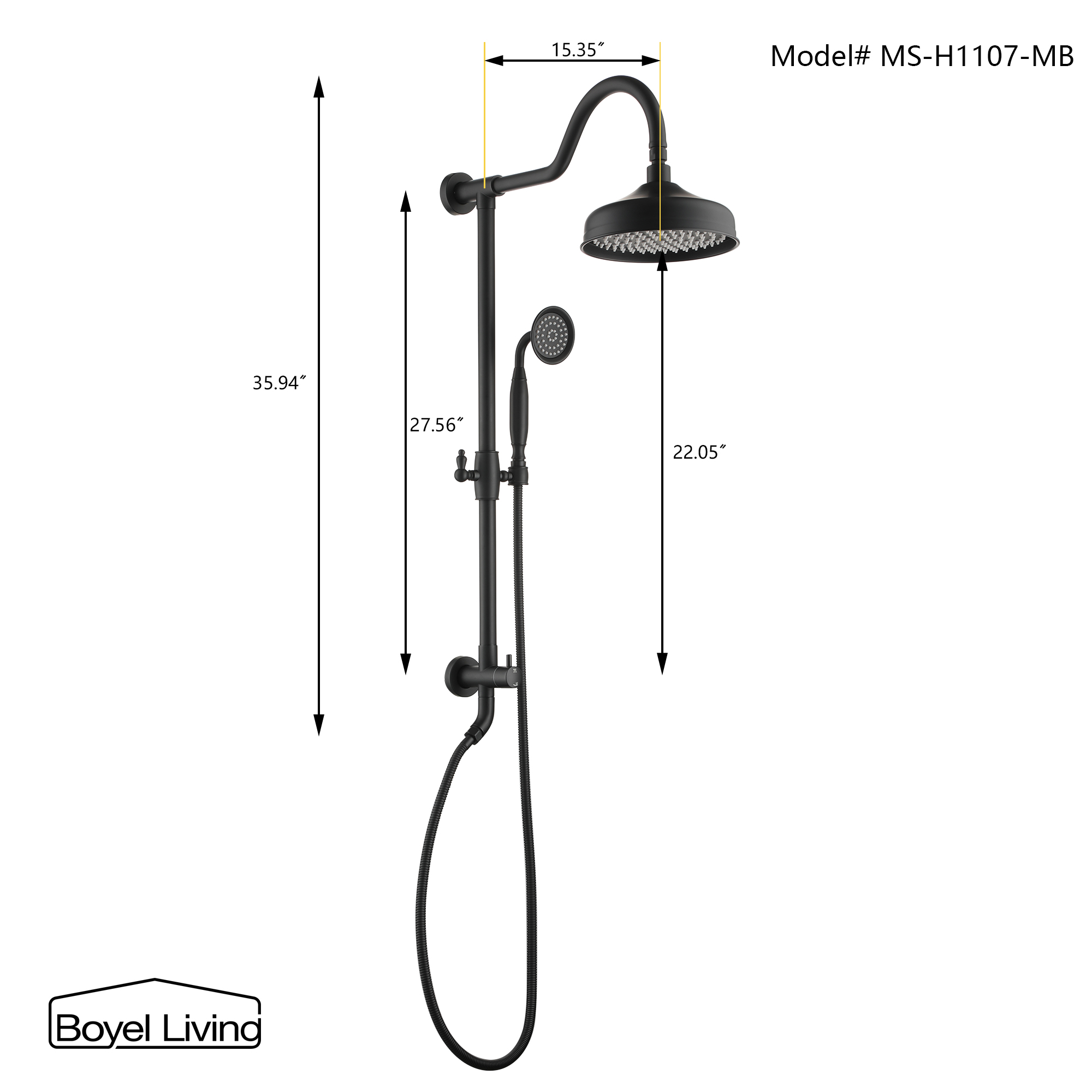 Boyel Living 8 in. Wall Mount Dual Shower Heads Rain Shower System with Hand Shower