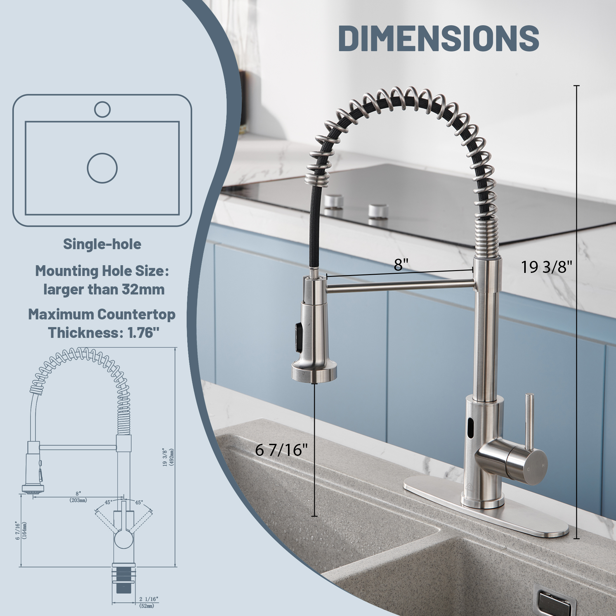 3-Mode Single Handle Pull-Down Sprayer Kitchen Faucet with Touchless Sensor and Includes Deckplate