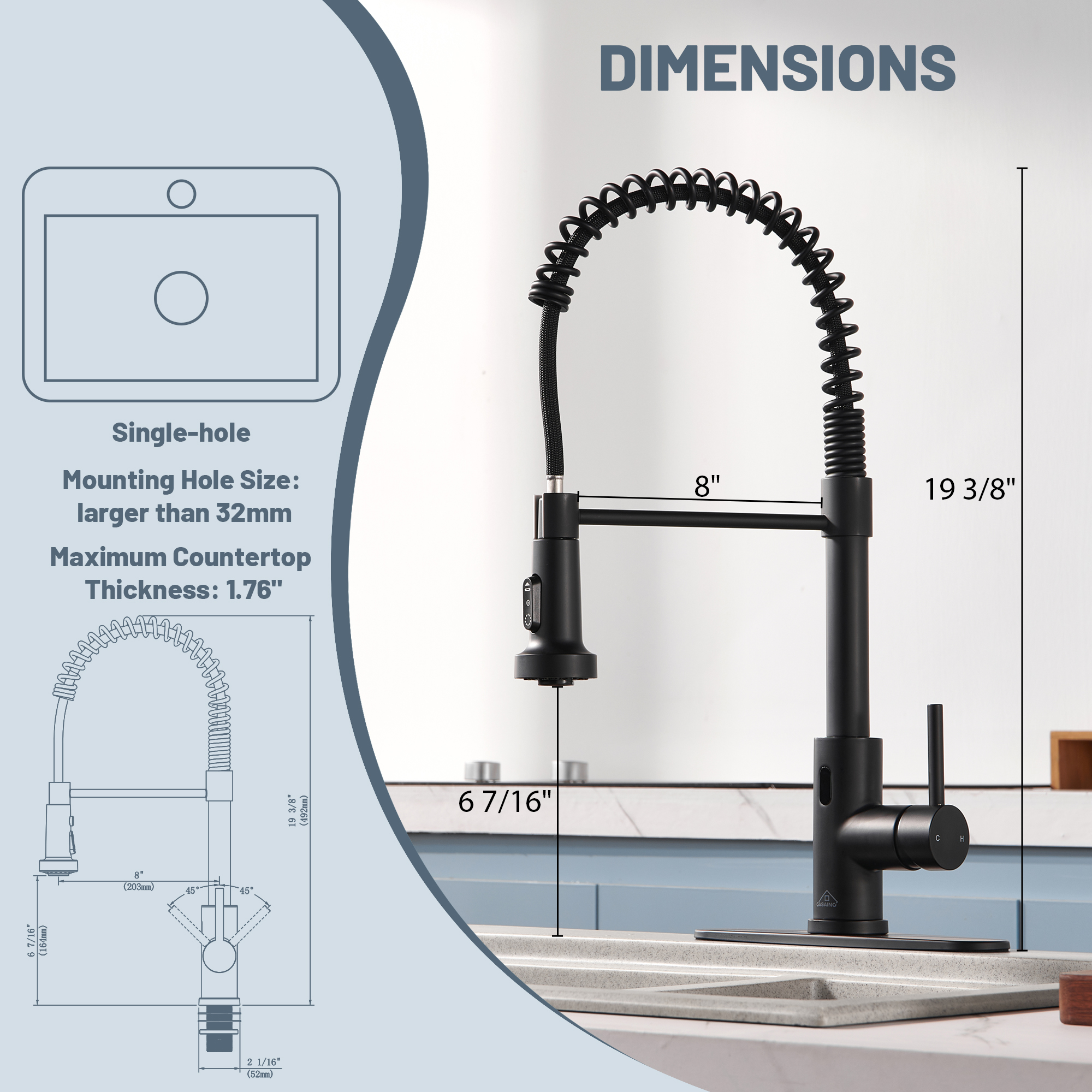 3-Mode Single Handle Pull-Down Sprayer Kitchen Faucet with Touchless Sensor and Includes Deckplate