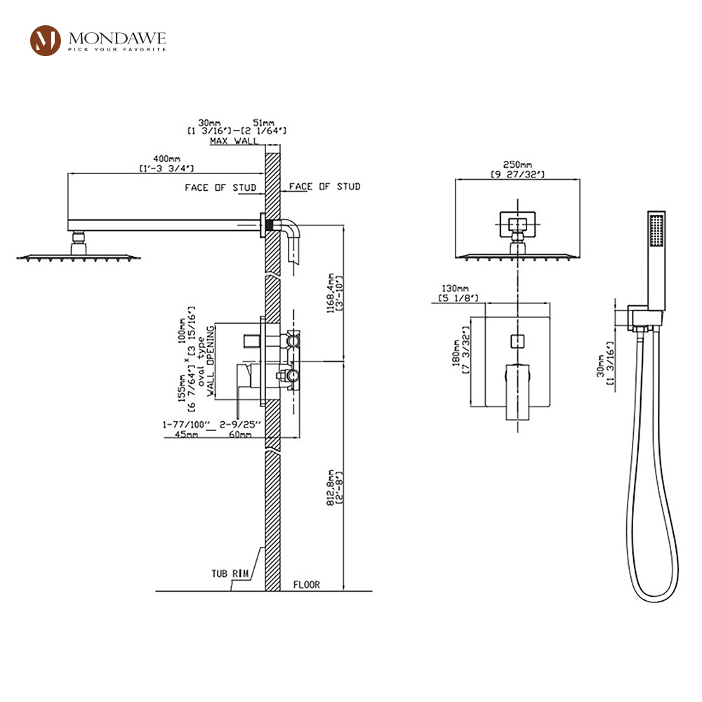 Matte Black 10-in Built-In Shower Faucet System with 2-way Diverter