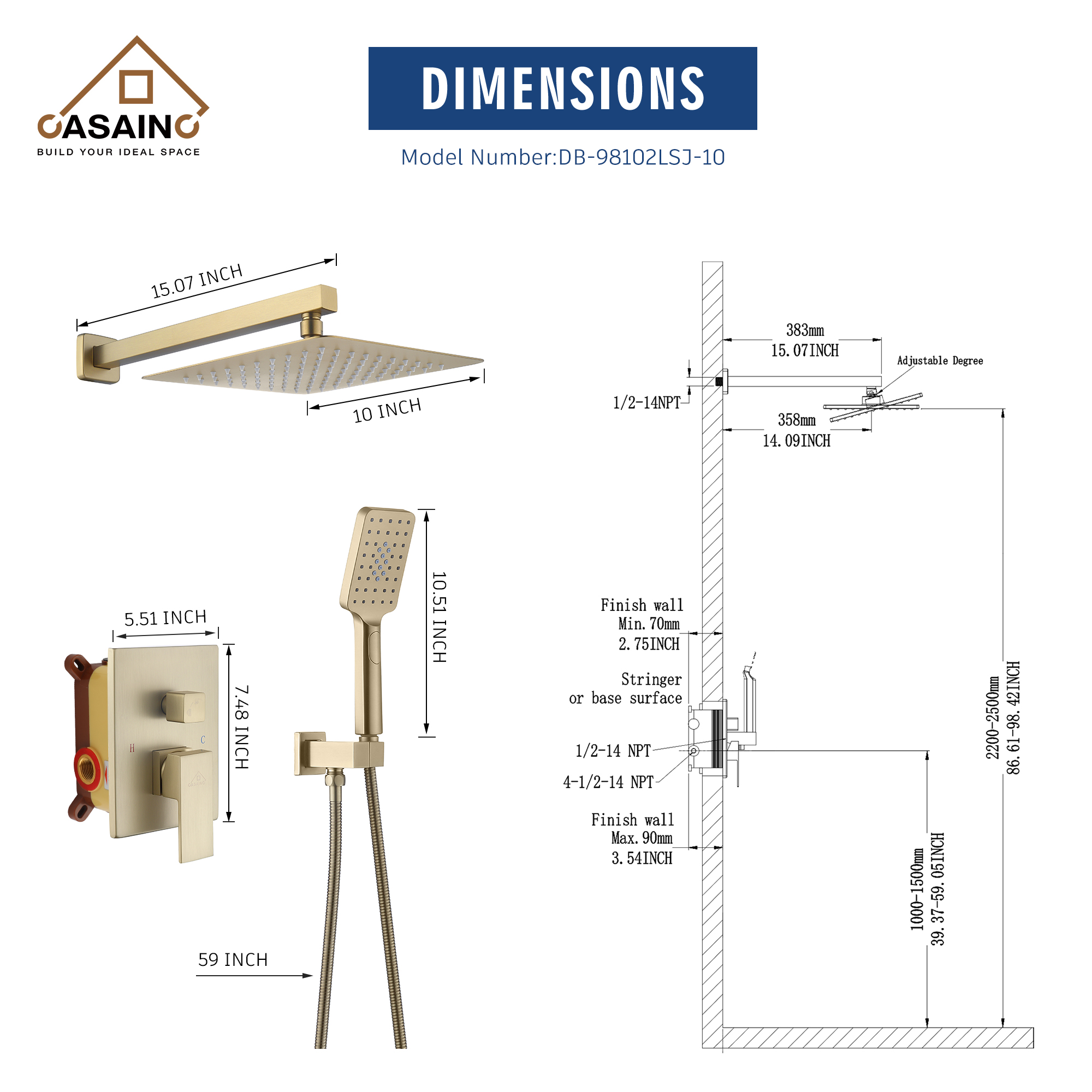 3-Spray Pattern 10 in. Wall Mount Shower System Shower Head and Functional Handheld, Brushed Gold