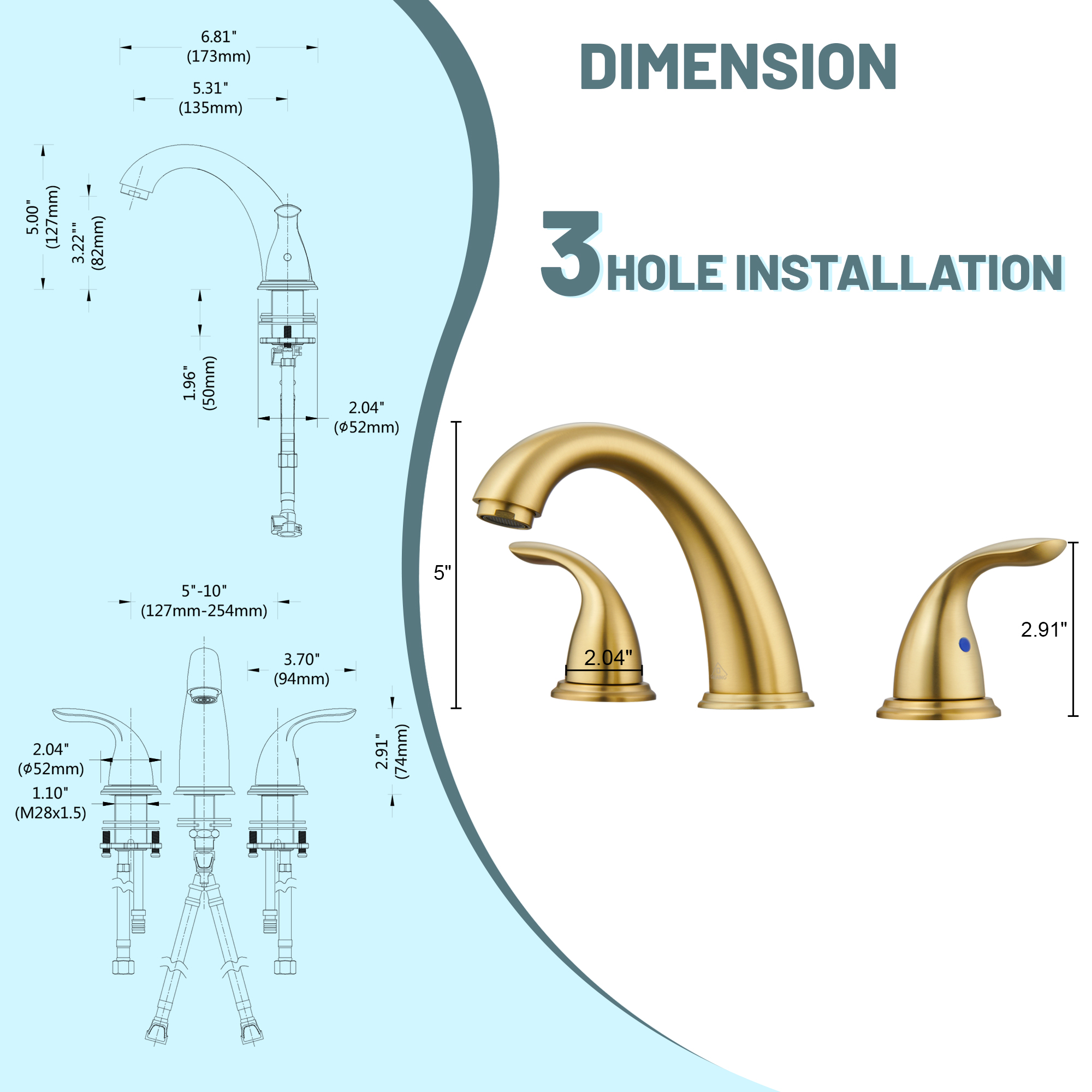 8 in. Widespread Double Handle Bathroom Sink Faucet 3 Hole with Stainless Steel Pop Up Drain in Brushed Nickel/Matte Black/Brushed Gold/Oil Rubbed Bronze