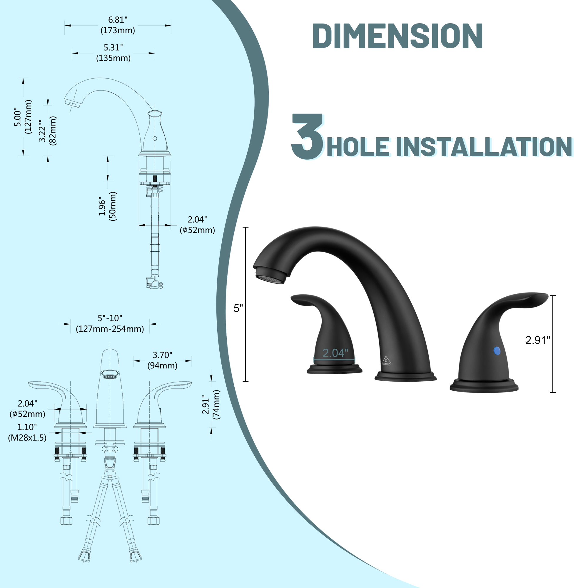 8 in. Widespread Double Handle Bathroom Sink Faucet 3 Hole with Stainless Steel Pop Up Drain in Brushed Nickel/Matte Black/Brushed Gold/Oil Rubbed Bronze