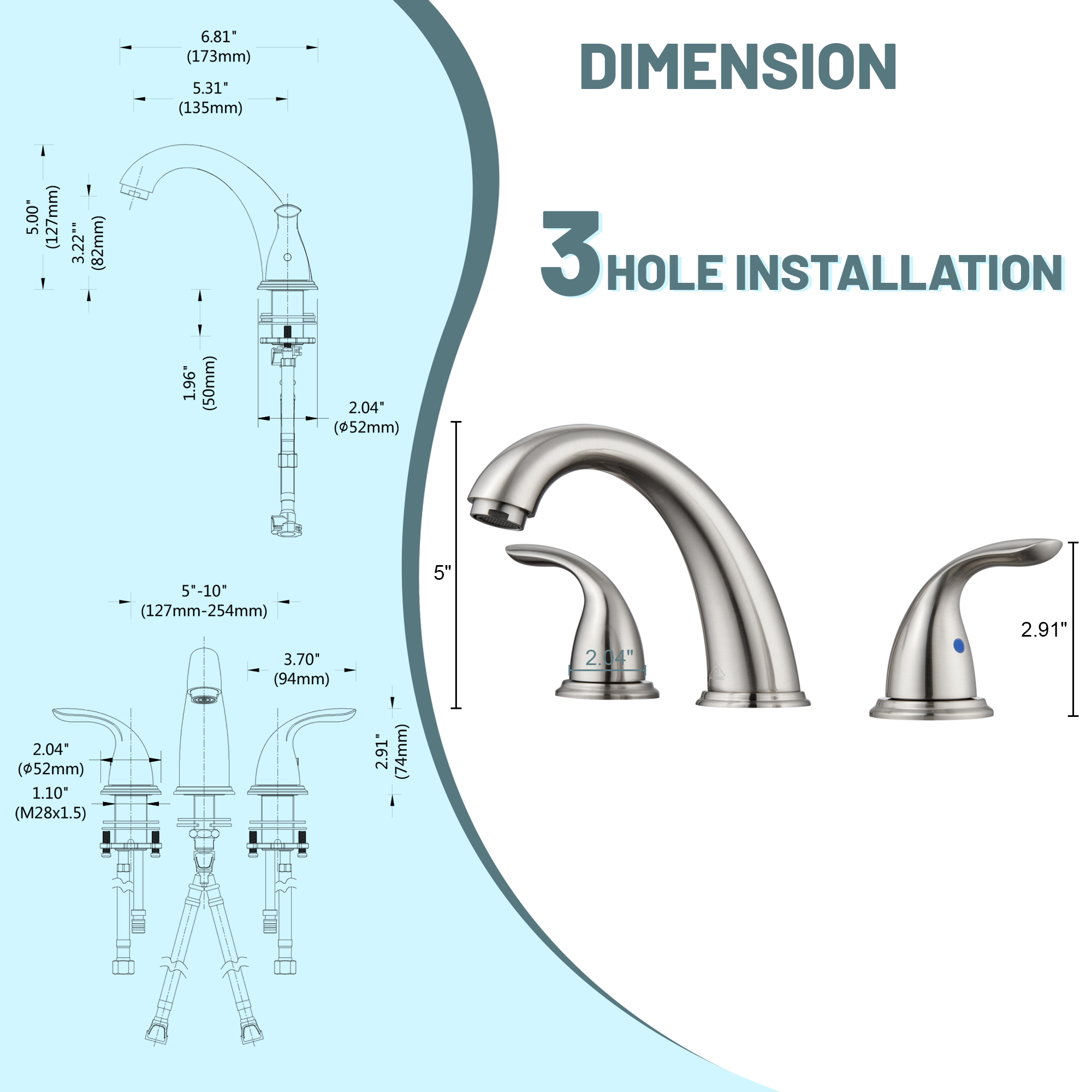 8 in. Widespread Double Handle Bathroom Sink Faucet 3 Hole with Stainless Steel Pop Up Drain in Brushed Nickel/Matte Black/Brushed Gold/Oil Rubbed Bronze