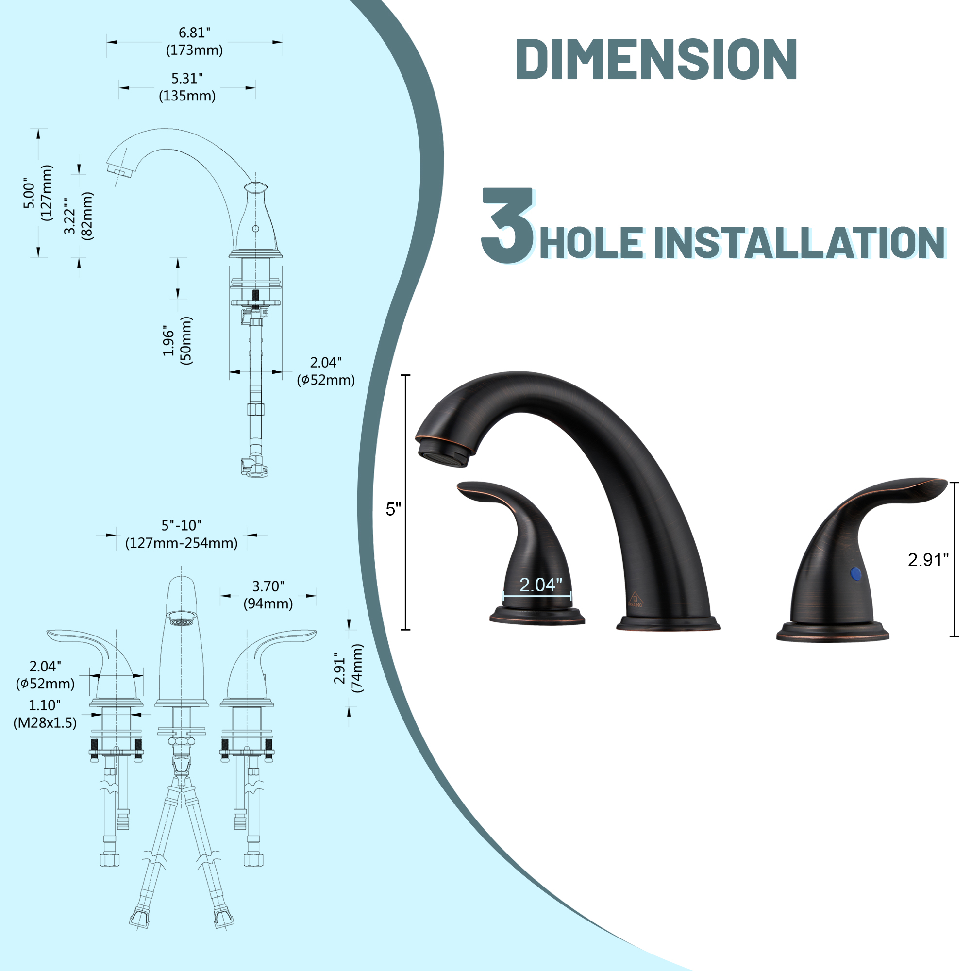 8 in. Widespread Double Handle Bathroom Sink Faucet 3 Hole with Stainless Steel Pop Up Drain in Brushed Nickel/Matte Black/Brushed Gold/Oil Rubbed Bronze