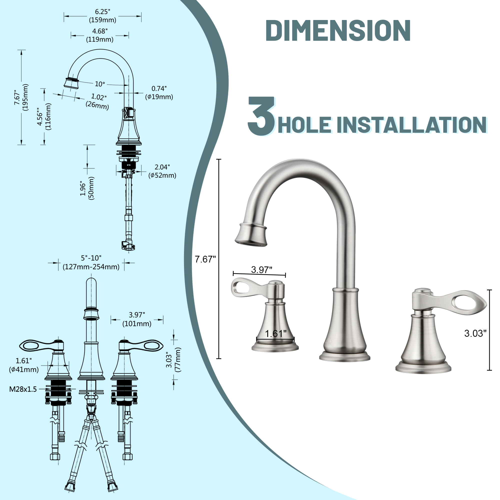 8 in. Widespread Double Handle Bathroom Faucet 3 Holes with 360° Swivel Spout, Stainless Steel Drain in Brushed Nickel/Oil Rubbed Bronze/Brushed Gold/Matte Black