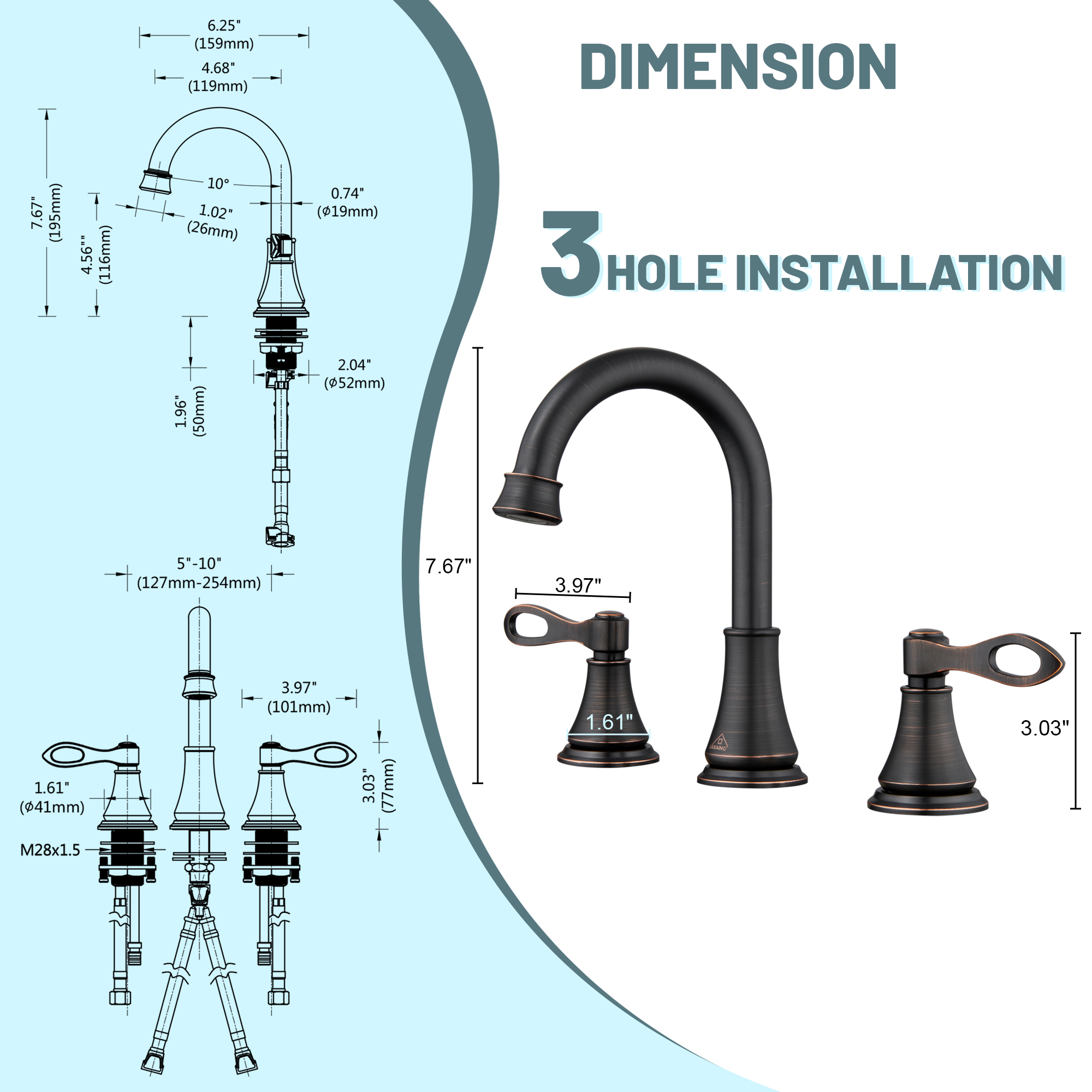 8 in. Widespread Double Handle Bathroom Faucet 3 Holes with 360° Swivel Spout, Stainless Steel Drain in Brushed Nickel/Oil Rubbed Bronze/Brushed Gold/Matte Black