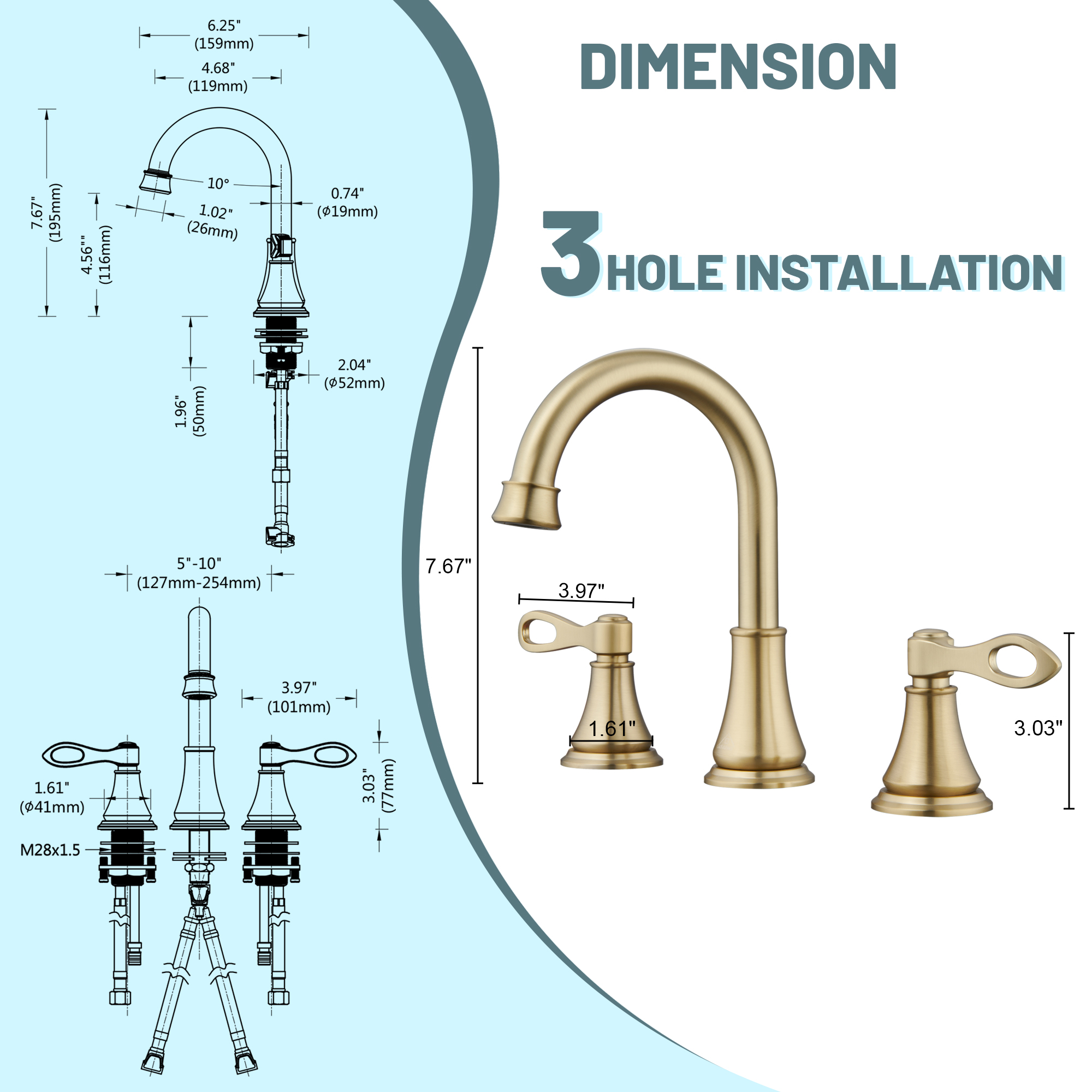 8 in. Widespread Double Handle Bathroom Faucet 3 Holes with 360° Swivel Spout, Stainless Steel Drain in Brushed Nickel/Oil Rubbed Bronze/Brushed Gold/Matte Black