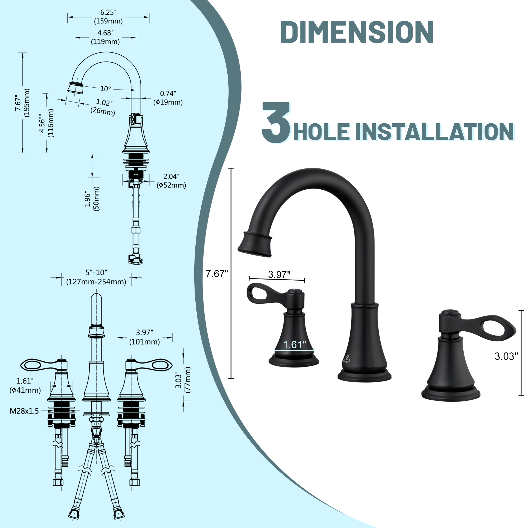 8 in. Widespread Double Handle Bathroom Faucet 3 Holes with 360° Swivel Spout, Stainless Steel Drain in Brushed Nickel/Oil Rubbed Bronze/Brushed Gold/Matte Black