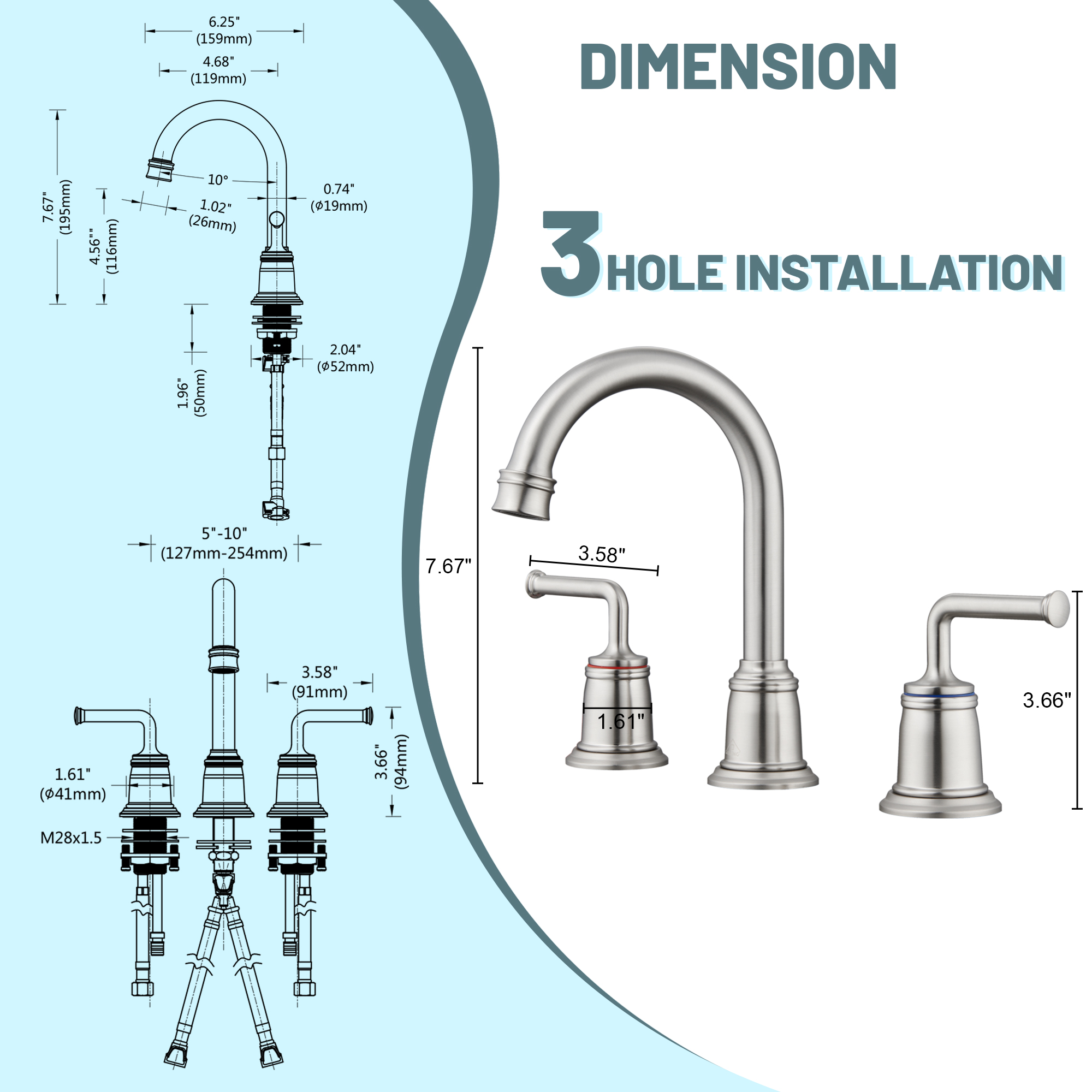 8 in. Widespread Double Handle Bathroom sink Faucet with 360° Swivel Spout, Stainless Steel Drain in Brushed Nickel/Oil Rubbed Bronze/Brushed Gold/Matte Black