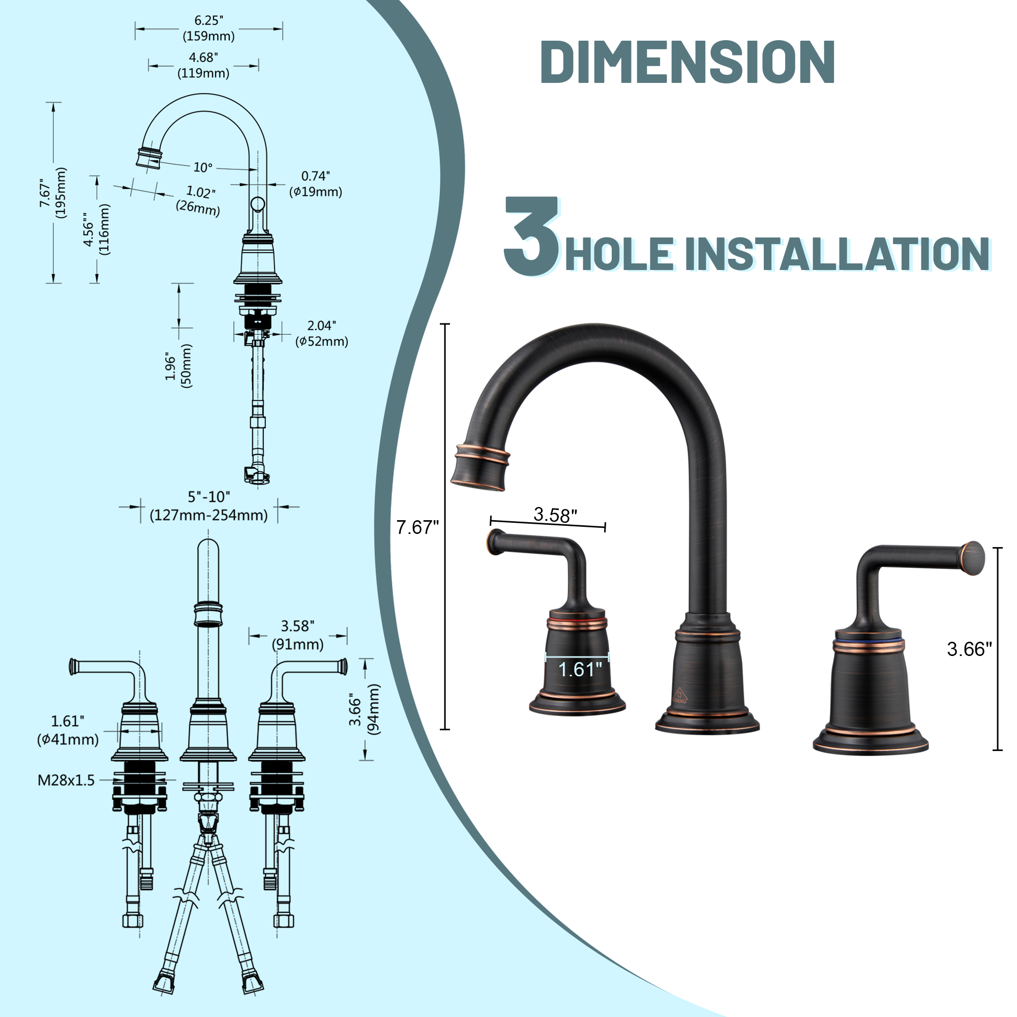 8 in. Widespread Double Handle Bathroom sink Faucet with 360° Swivel Spout, Stainless Steel Drain in Brushed Nickel/Oil Rubbed Bronze/Brushed Gold/Matte Black