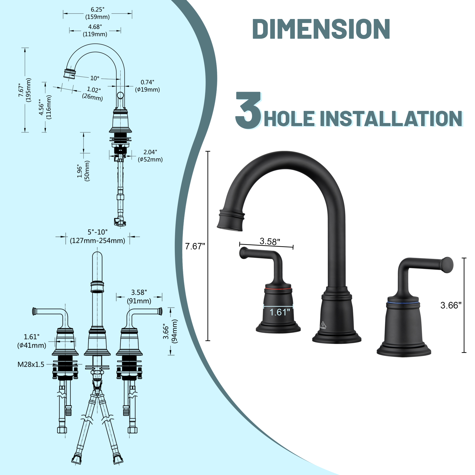 8 in. Widespread Double Handle Bathroom sink Faucet with 360° Swivel Spout, Stainless Steel Drain in Brushed Nickel/Oil Rubbed Bronze/Brushed Gold/Matte Black