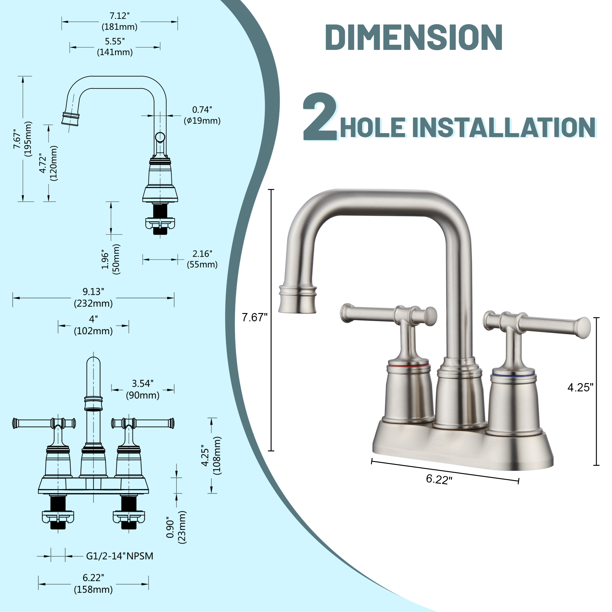 4 in. Centerset Double Handle 2 holes Bathroom Sink Faucet Lavatory Faucet with Stainless steel Drain in Brushed Nickel/Oil Rubbed Bronze/Brushed Gold/Matte Black