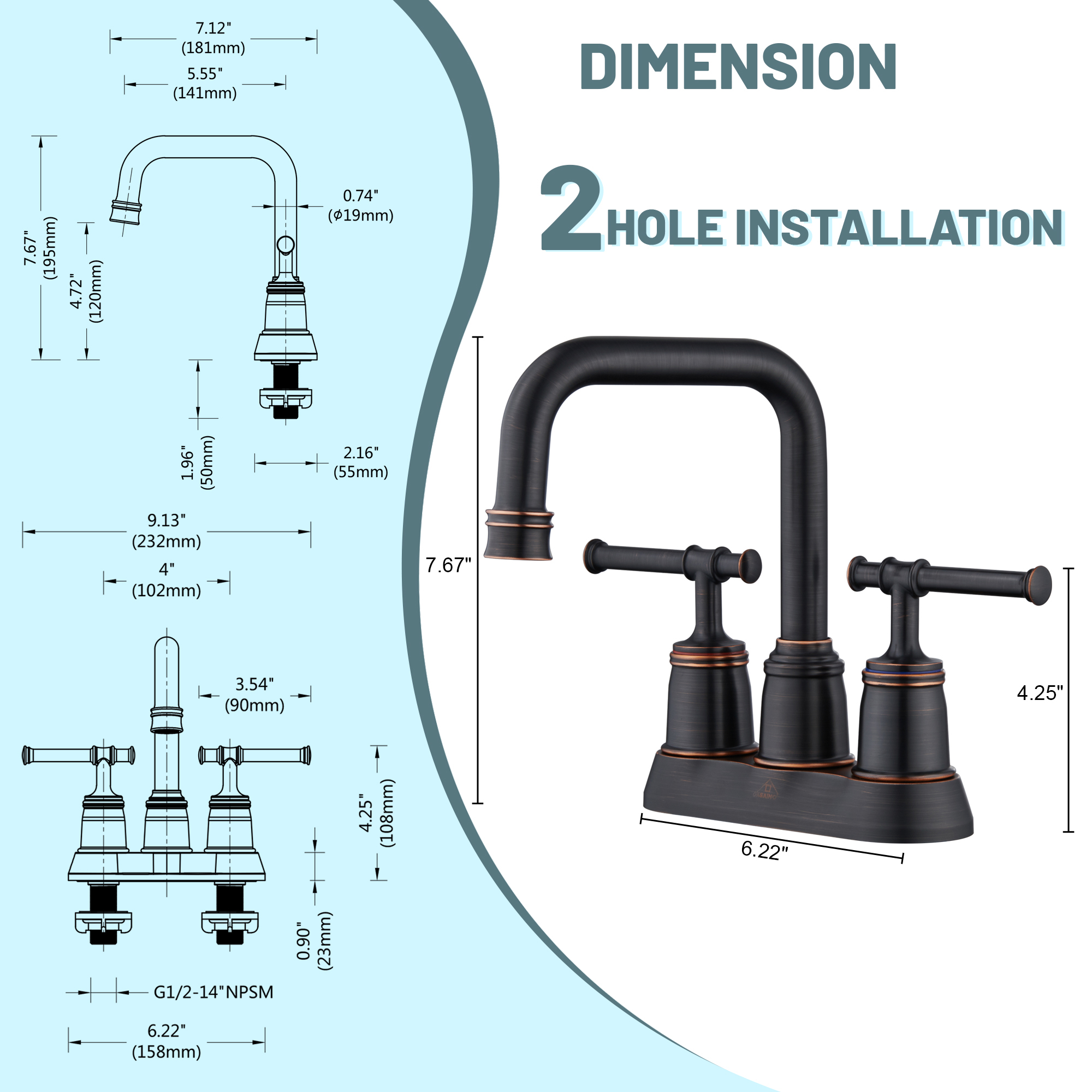 4 in. Centerset Double Handle 2 holes Bathroom Sink Faucet Lavatory Faucet with Stainless steel Drain in Brushed Nickel/Oil Rubbed Bronze/Brushed Gold/Matte Black