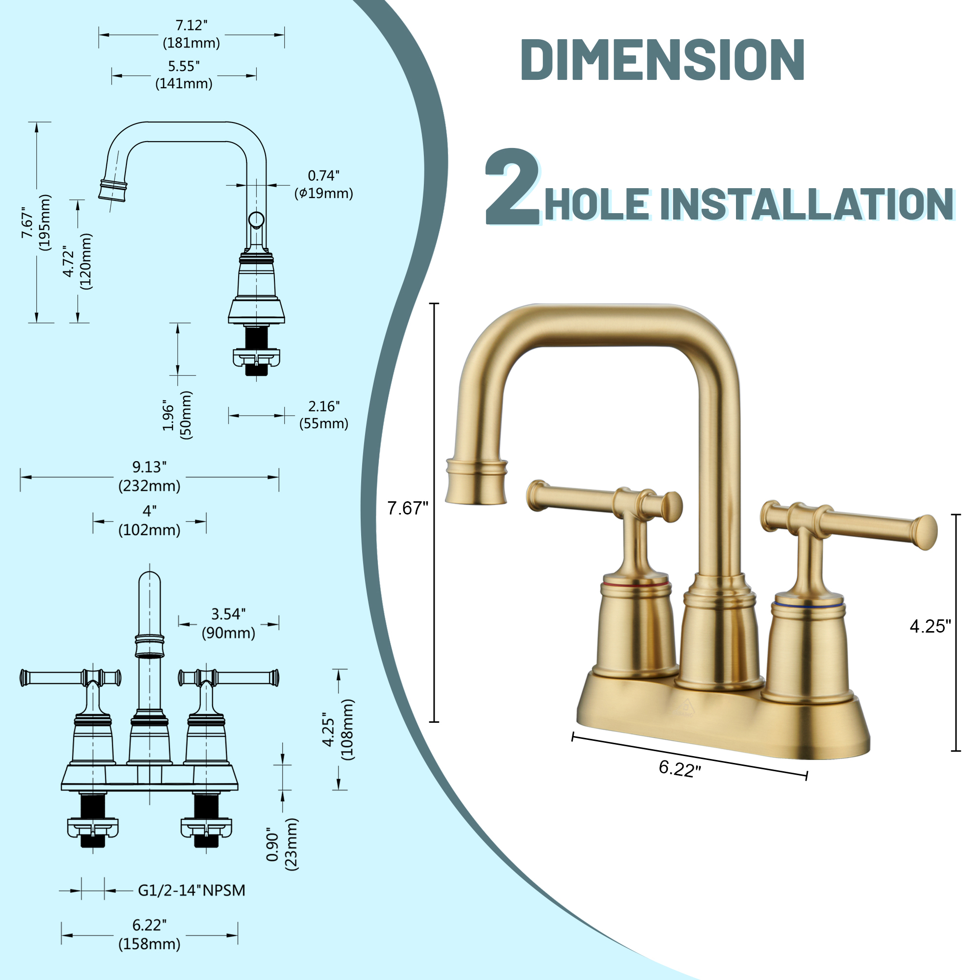 4 in. Centerset Double Handle 2 holes Bathroom Sink Faucet Lavatory Faucet with Stainless steel Drain in Brushed Nickel/Oil Rubbed Bronze/Brushed Gold/Matte Black