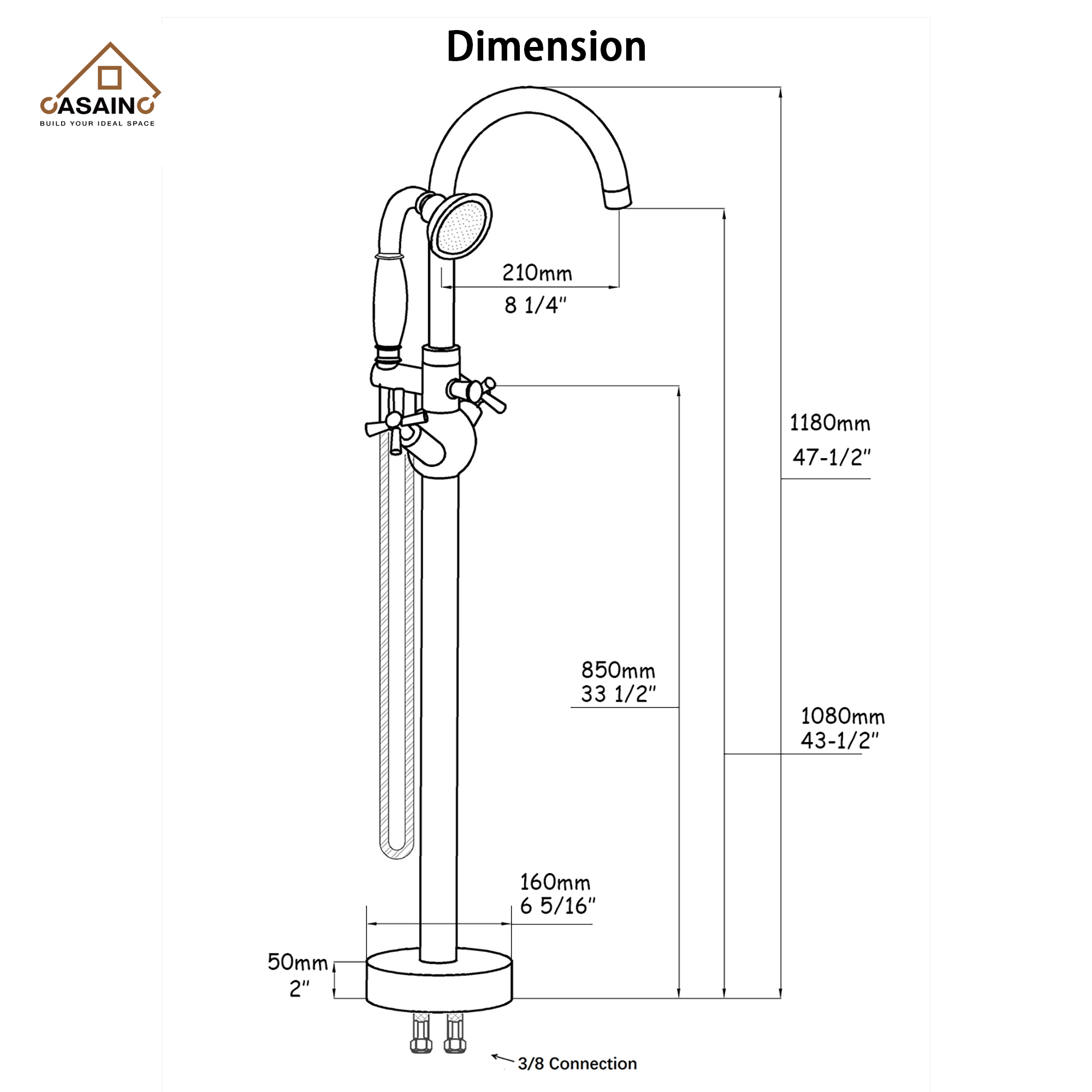 Vintage 2-Handle Floor-Mount Buthtub Freestanding Roman Tub Faucet in Brushed Brass