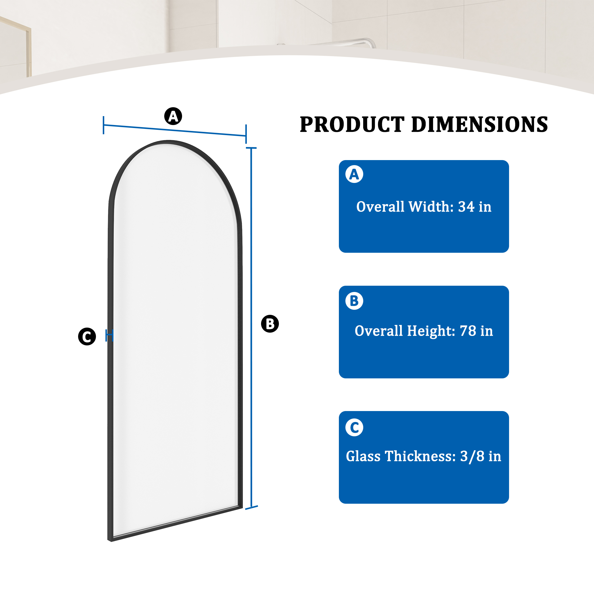 34"x78" Tempered Glass Shower Screen with Integrated Curved Frame