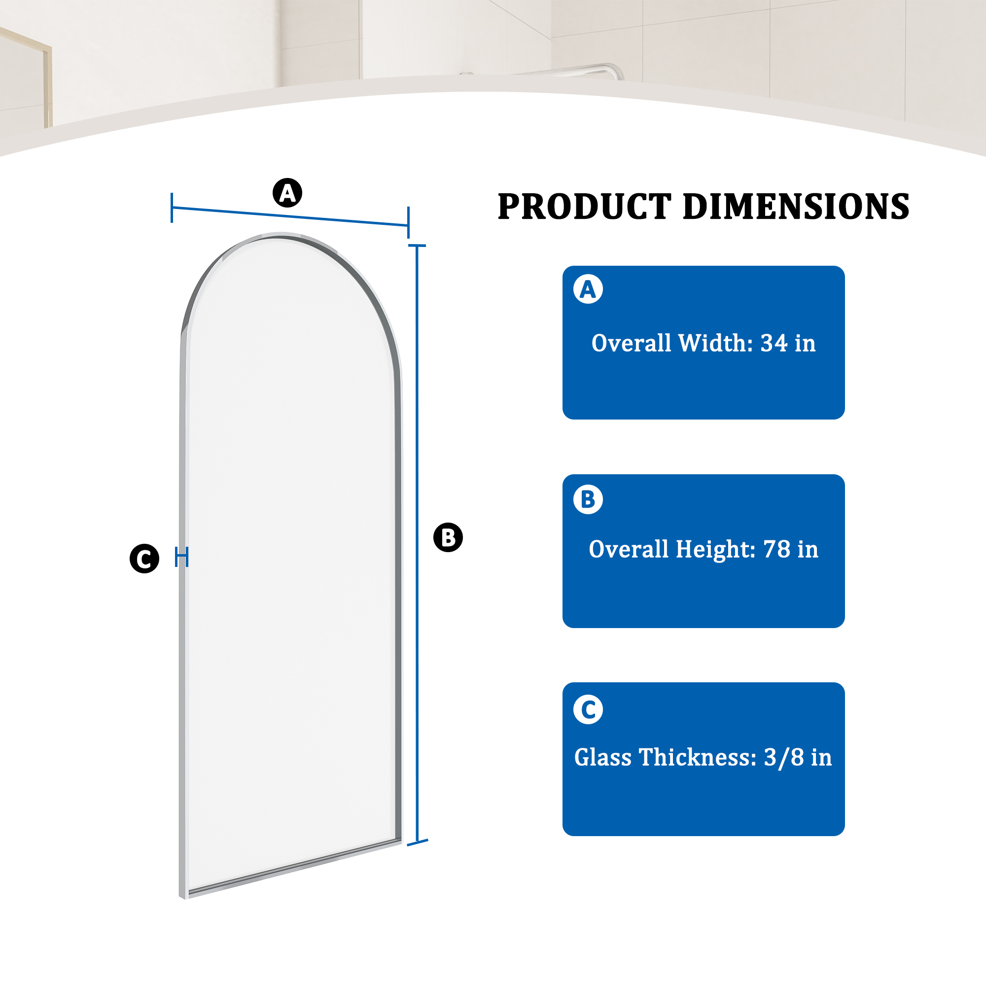 34"x78" Tempered Glass Shower Screen with Integrated Curved Frame