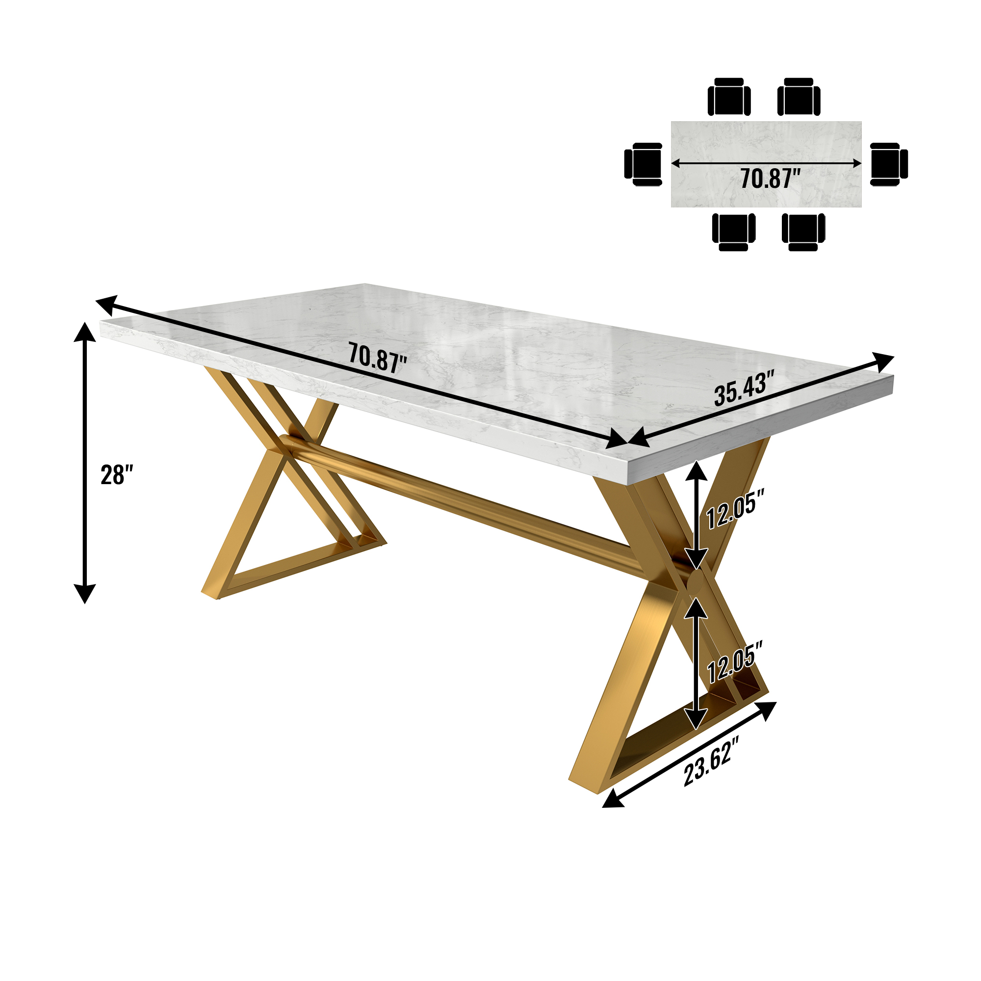 Brown/White Walnut Wood 70.87 in. Cross Legs Dining Table Seats-6