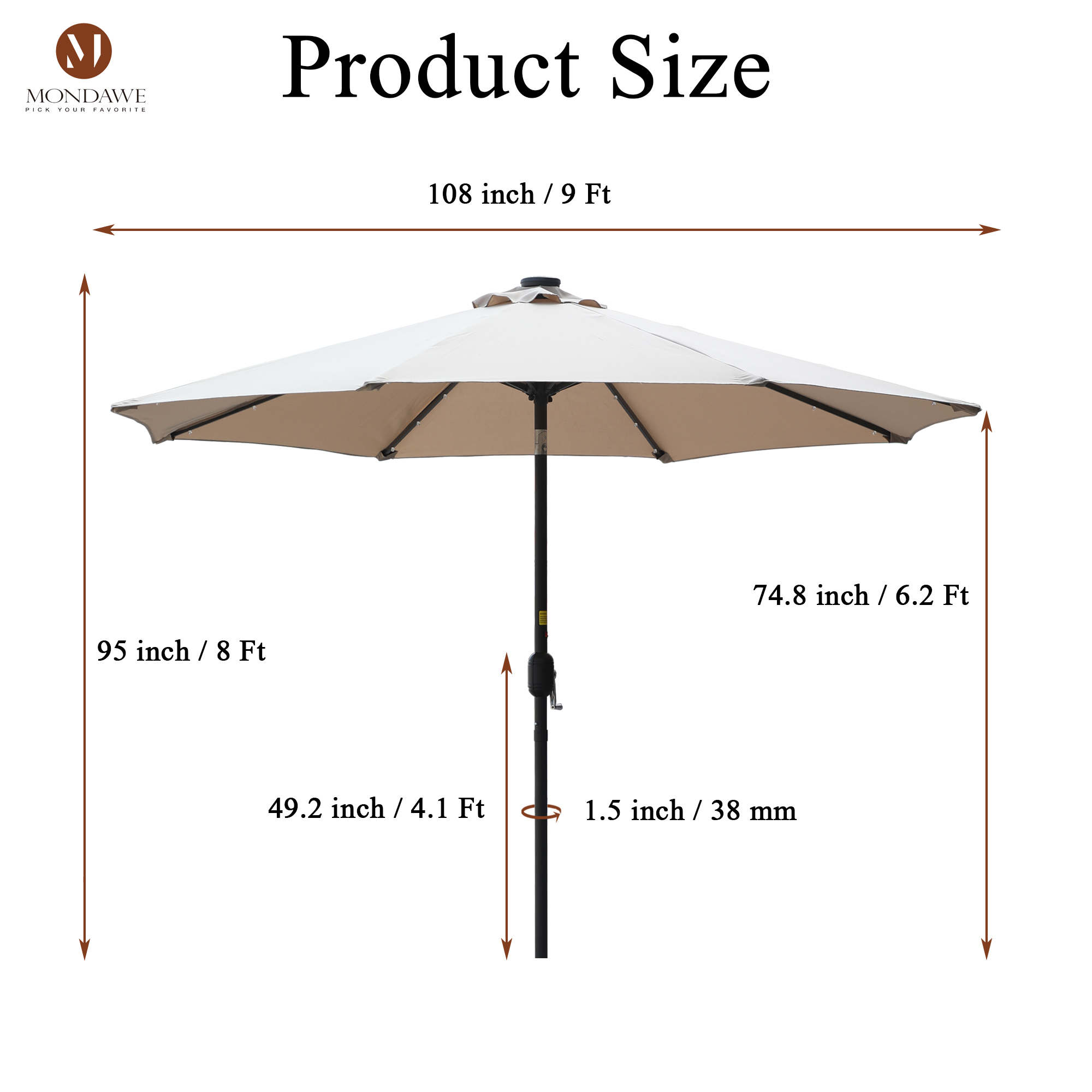 Mondawe 9 Ft 32 LED Round Solar Patio Market Umbrella-Mondawe