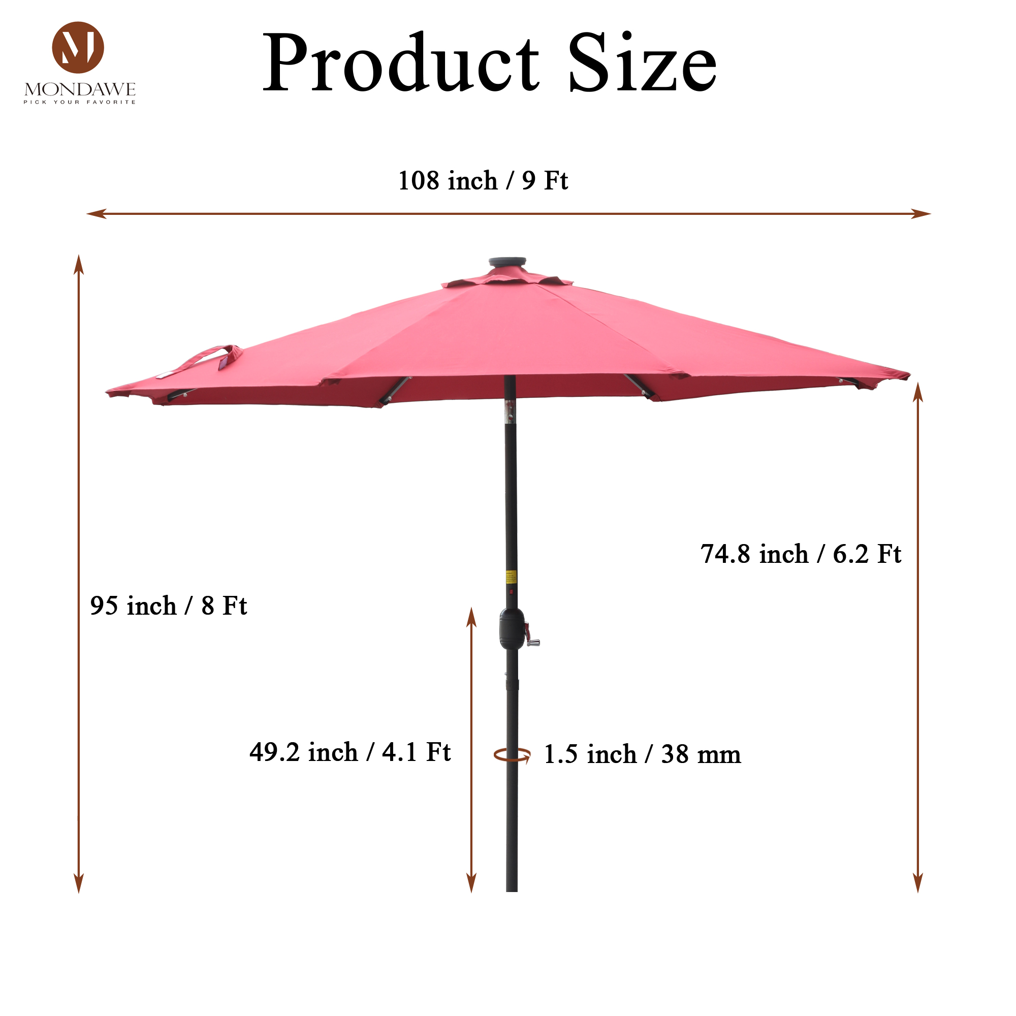 Mondawe 9 Ft 32 LED Round Solar Patio Market Umbrella-Mondawe