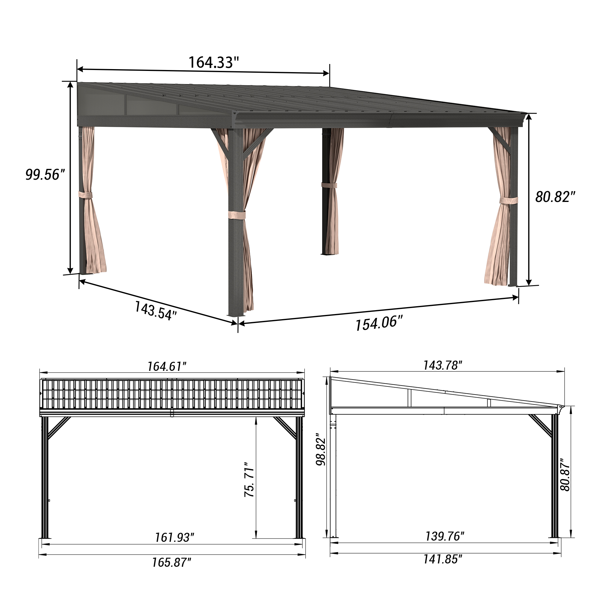 Outdoor Wall-Mounted Hardtop Gazebo Aluminum Frame Galvanized Steel Roof Sunroom with Curtains and Netting