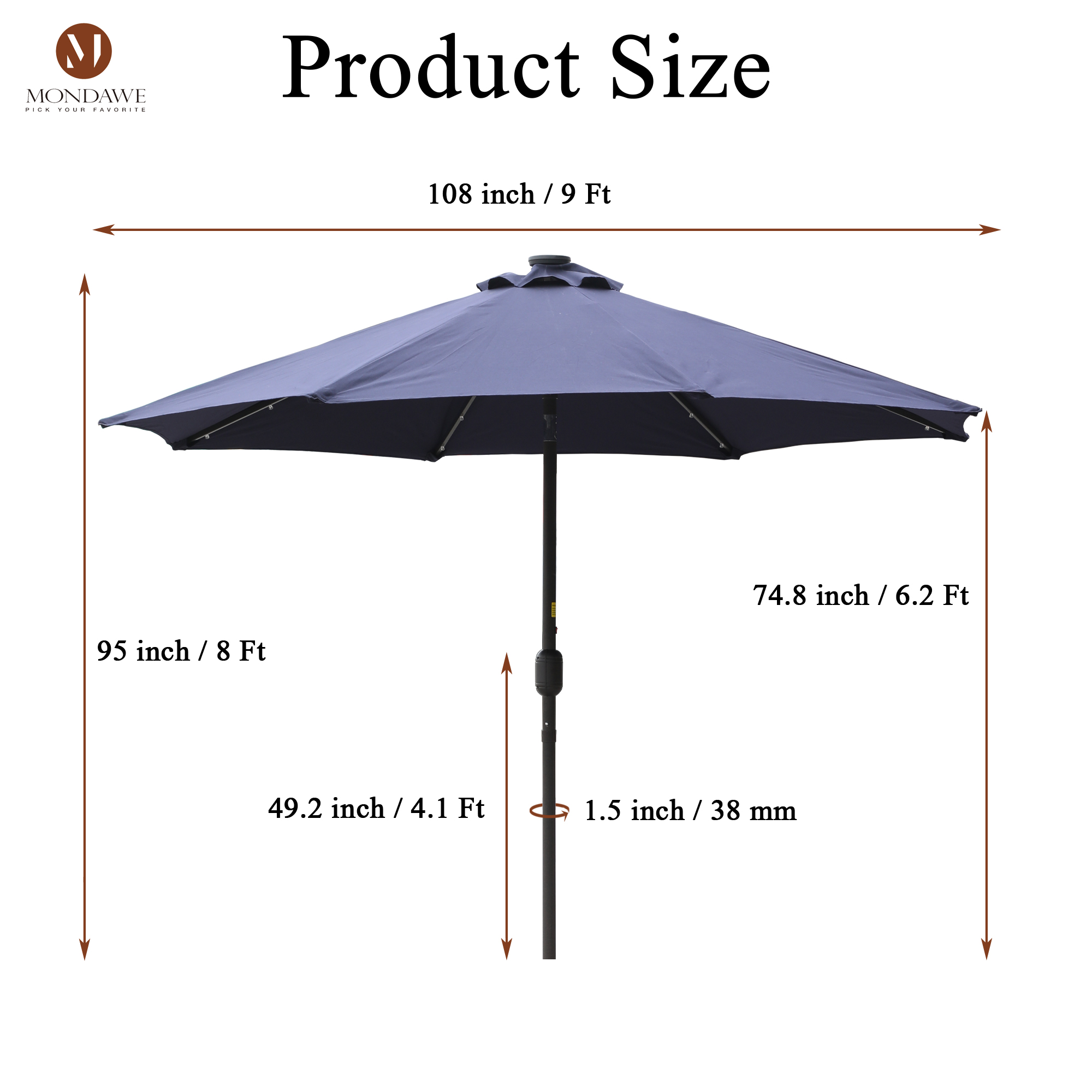 Mondawe 9 Ft 32 LED Round Solar Patio Market Umbrella-Mondawe
