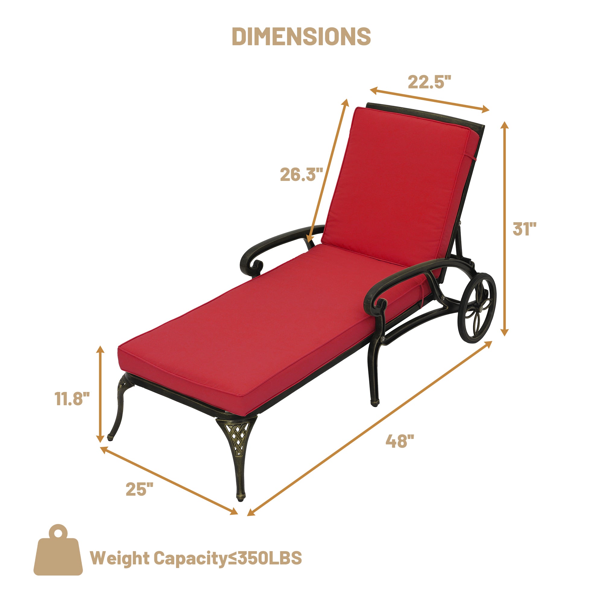 Cast Aluminum Outdoor Chaise Lounge with Removable Beige/Red Cushion