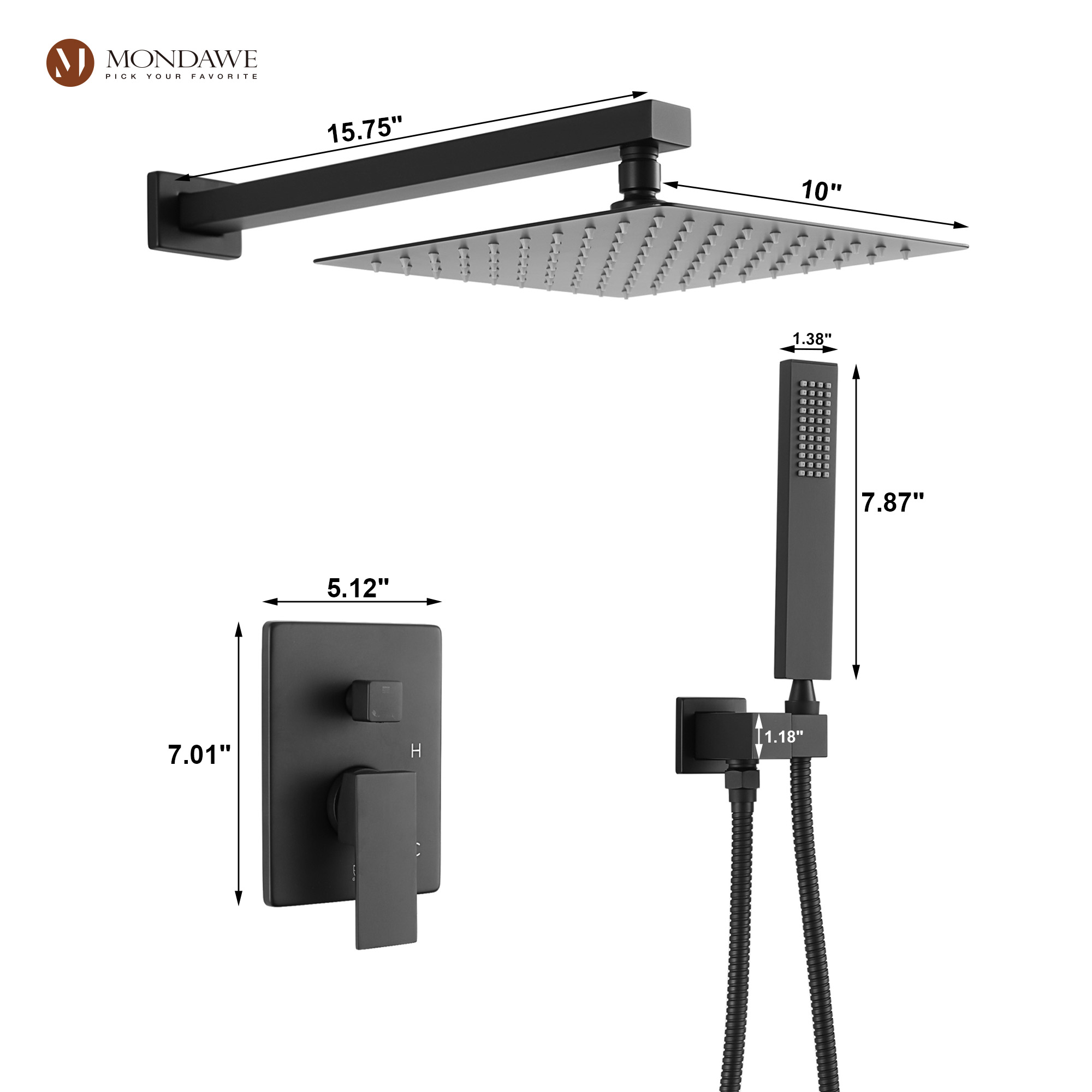 Matte Black 10-in Built-In Shower Faucet System with 2-way Diverter