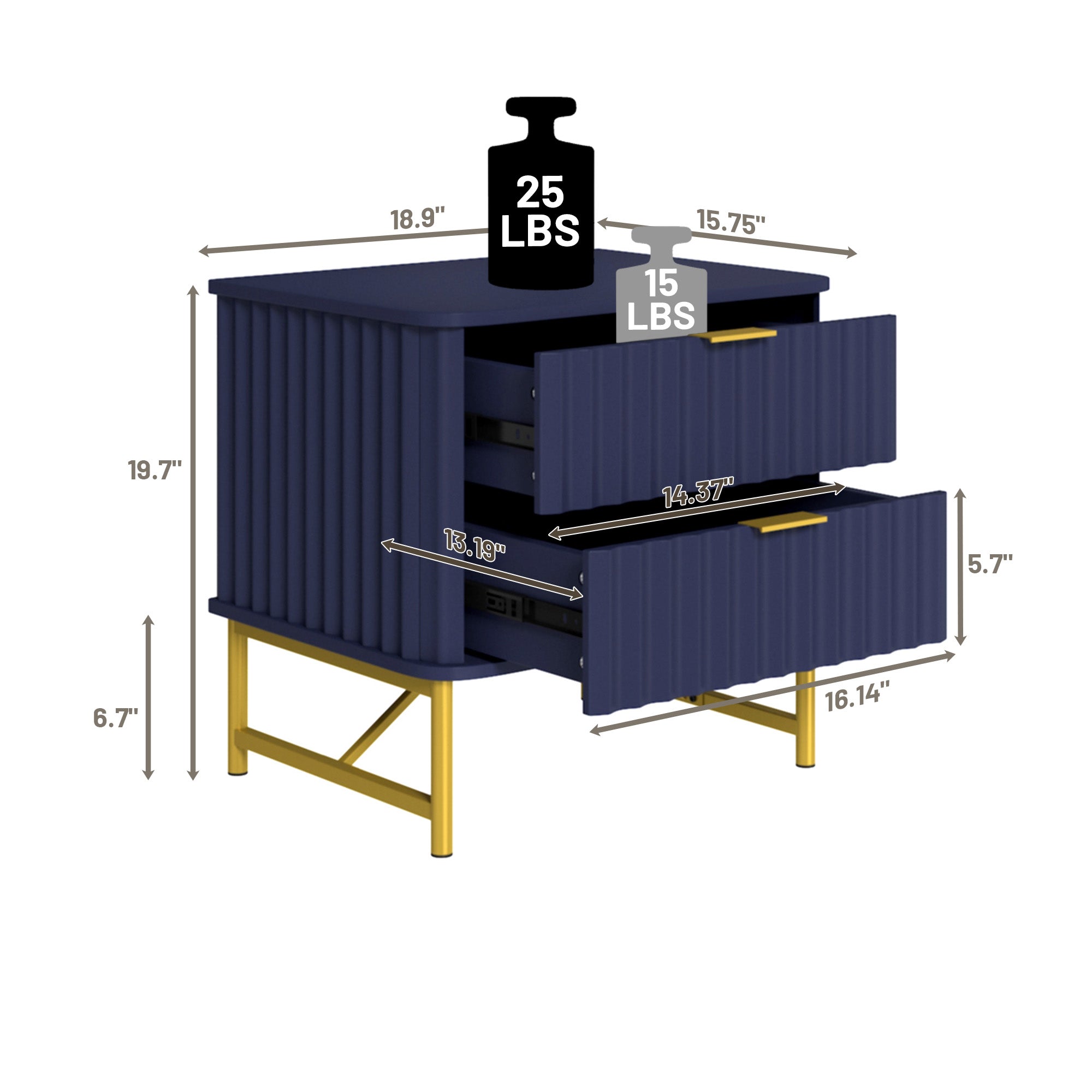 19 Inch Nightstand，Modern End Table with 2 Drawers，2 Tier Side Table with Gold Legs for Bedroom, Living Room, Black